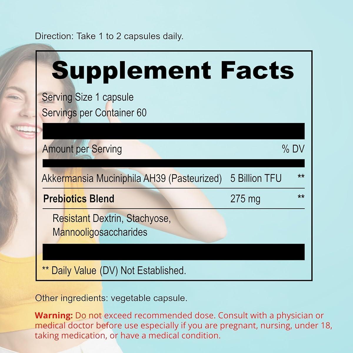 UpNourish Akkermansia Muciniphila Probiotics for Digestive Health - 5 Billion TFU Akkermansia Probiotic for Leaky Gut Repair and Immunity, Prebiotics and Probiotics for Women and Men, 60 Vegan Capsules