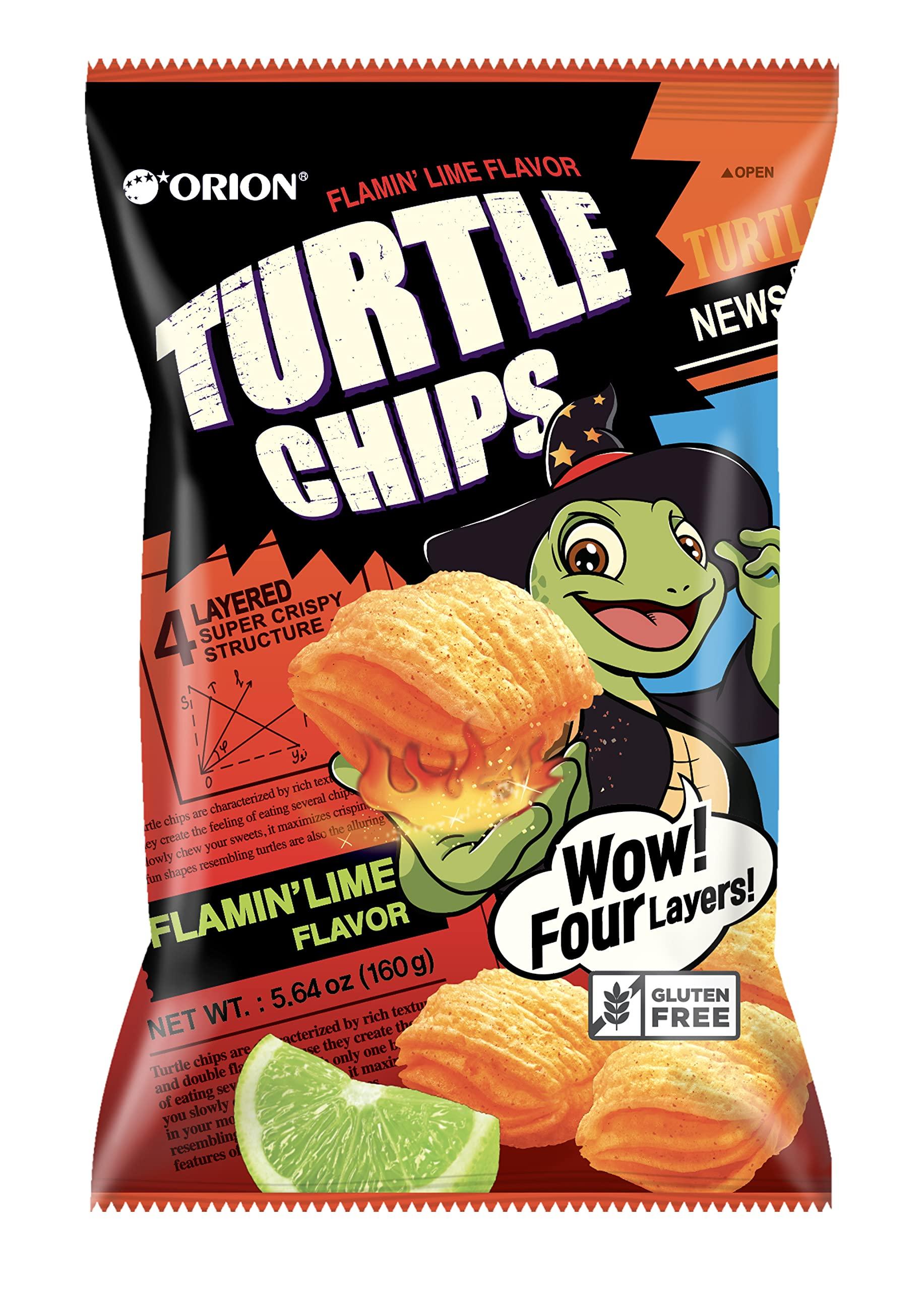 K-Munchies K-Munchies Orion Turtle Chips – Large 3 x 160-gram Flamin' Lime Flavor Korean Chips – Big Bag, Party Size Tasty, Crispy Korean Corn Snacks - Bite-Sized, On-The-Go Korean Corn Snack for Family