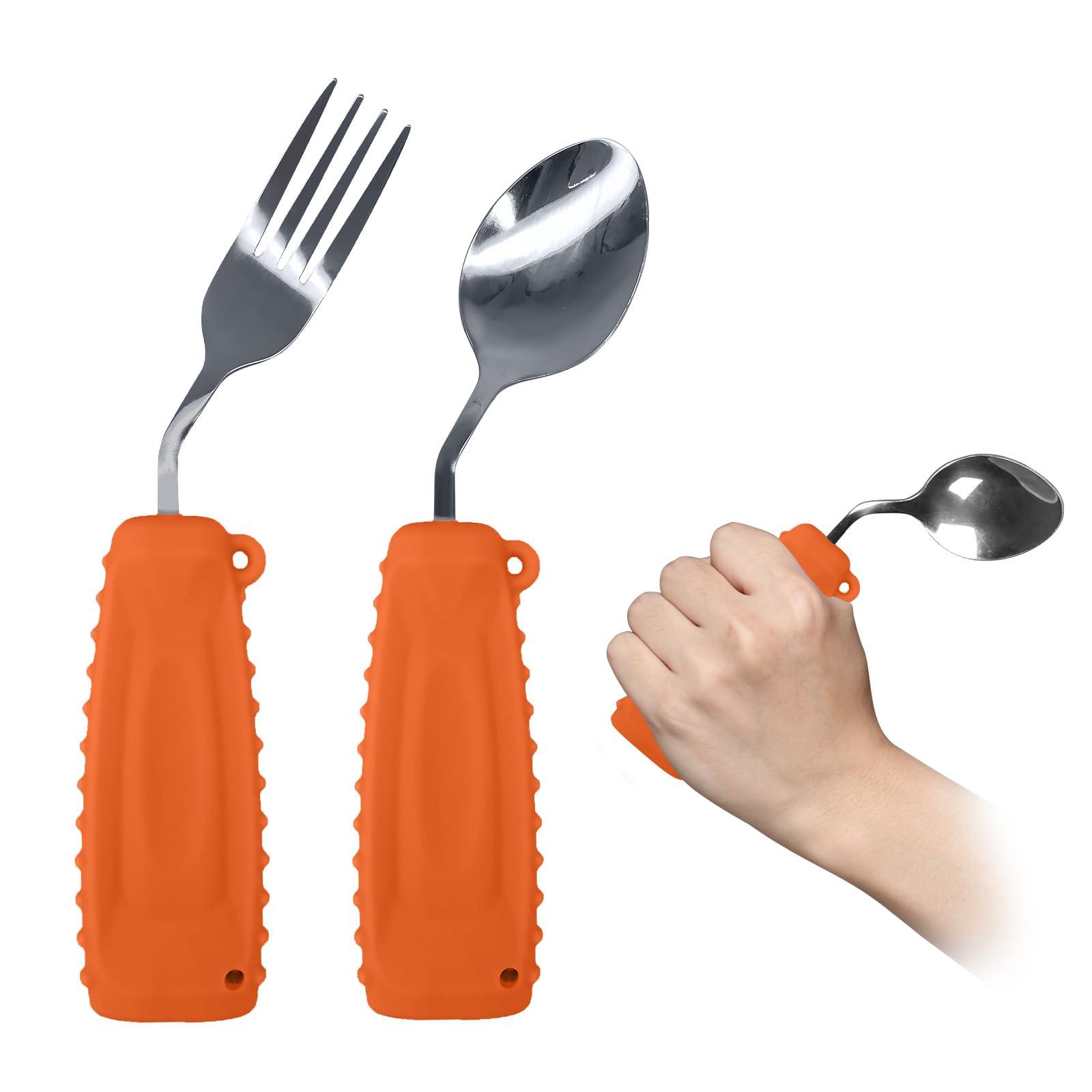 Ehucon Ehucon Adaptive Utensils,Weighted Angled Silverware,Parkinsons Aids,Angled Silverware Spoon and Fork Set for Elderly, Arthritis, Dementia, Disable, Handicapped Hands (Left Hand,Pack of 2,Orange)