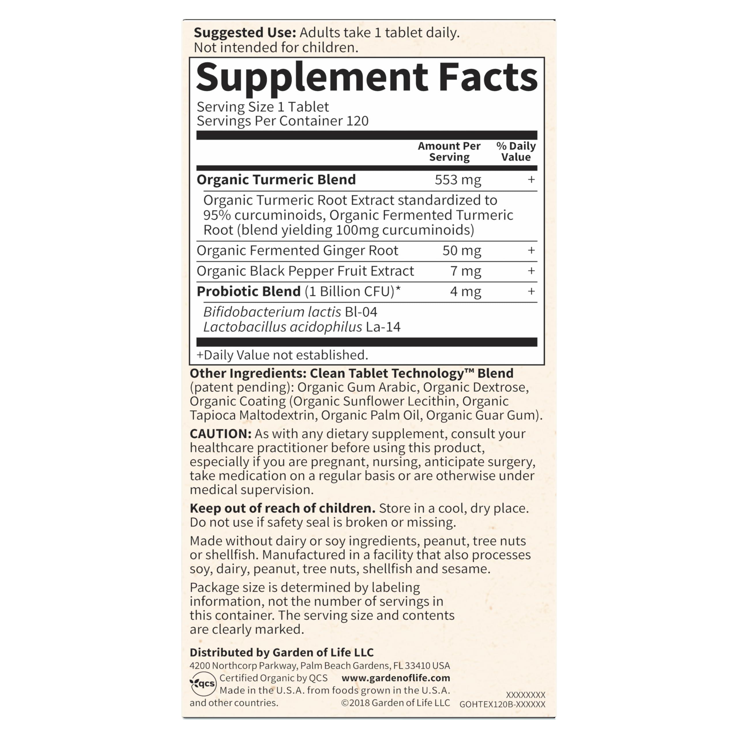 Garden of Life Garden of Life Organics Extra Strength Turmeric Inflammatory Response 120 Tablets-100Mg Curcumin (95% Curcuminoids) Black Pepper, Probiotics, Organic Non-GMO Vegan Gluten Free Herbal Supplement