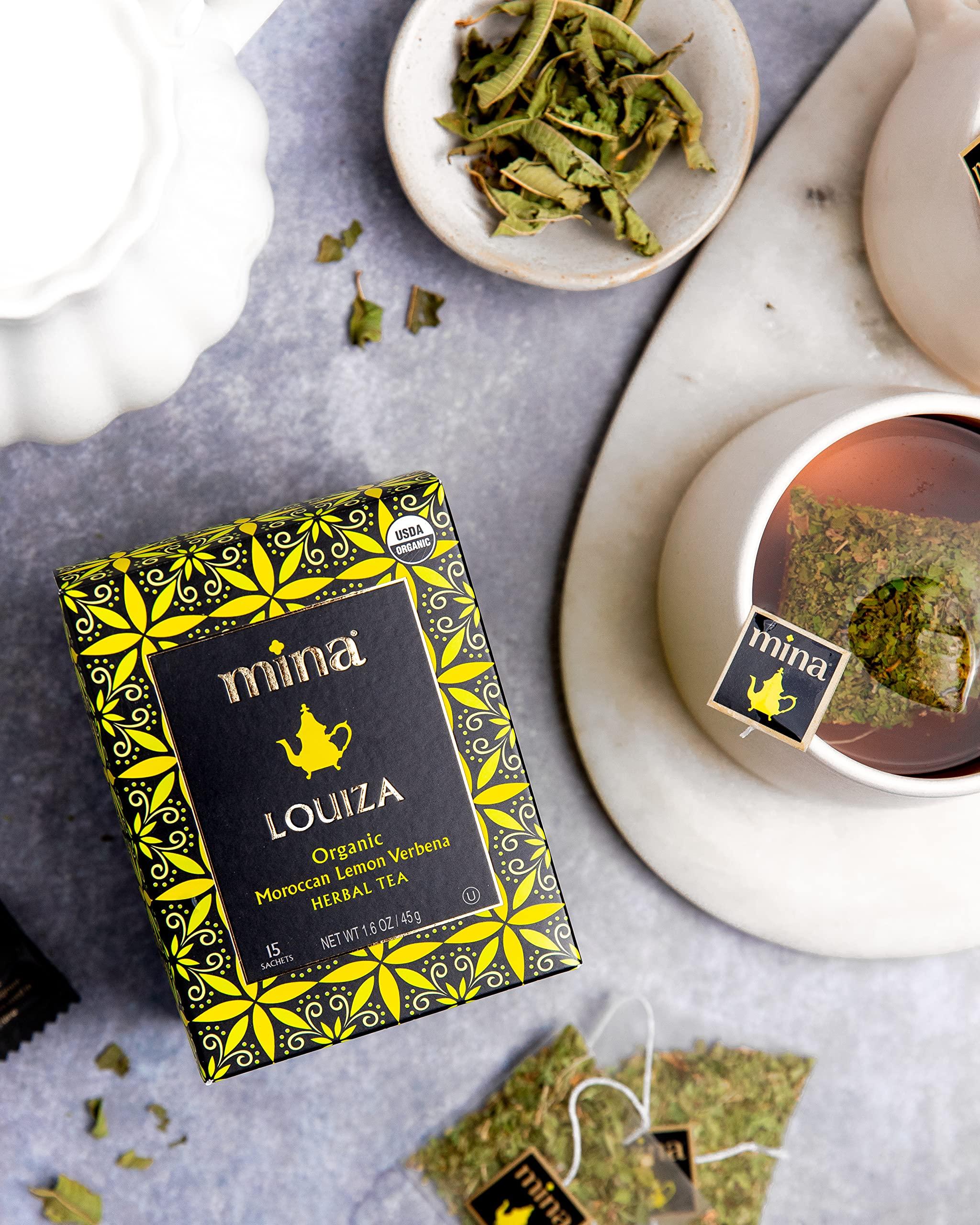 Mina Mina Louiza, Organic Moroccan Lemon Verbena Tea, Organic Herbal Tea Bags, 15 Biodegradable Sachets (6 Pack), Refreshing Lemon Tea Bags, Caffeine Free, Moroccan Lemon Verbena Tea Bags