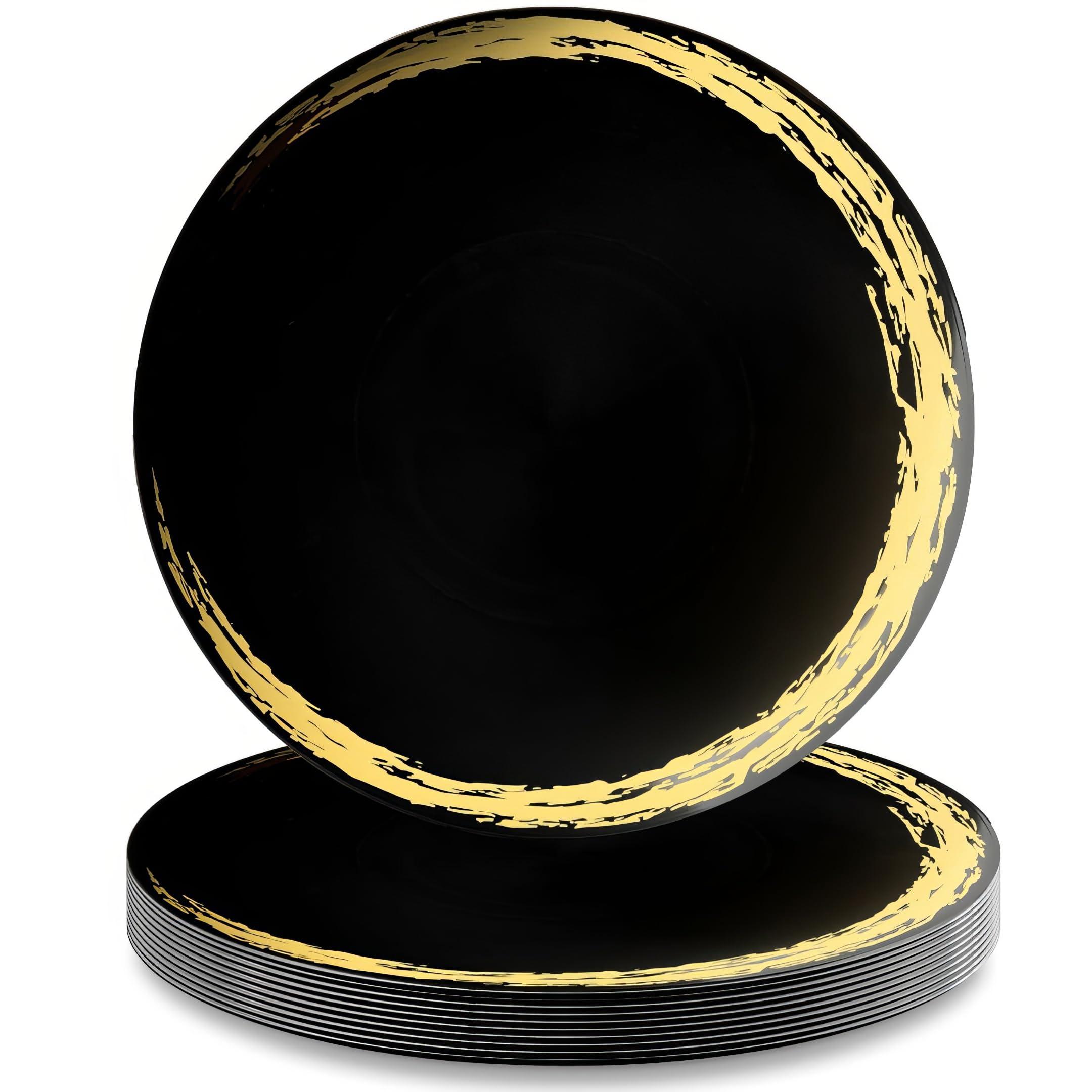 Decorline Black & Gold Round Dinner Plastic Plates Set - 10.25\" (10 Piece) | Premium & Luxurious Design - Ideal for Weddings, Parties & Events