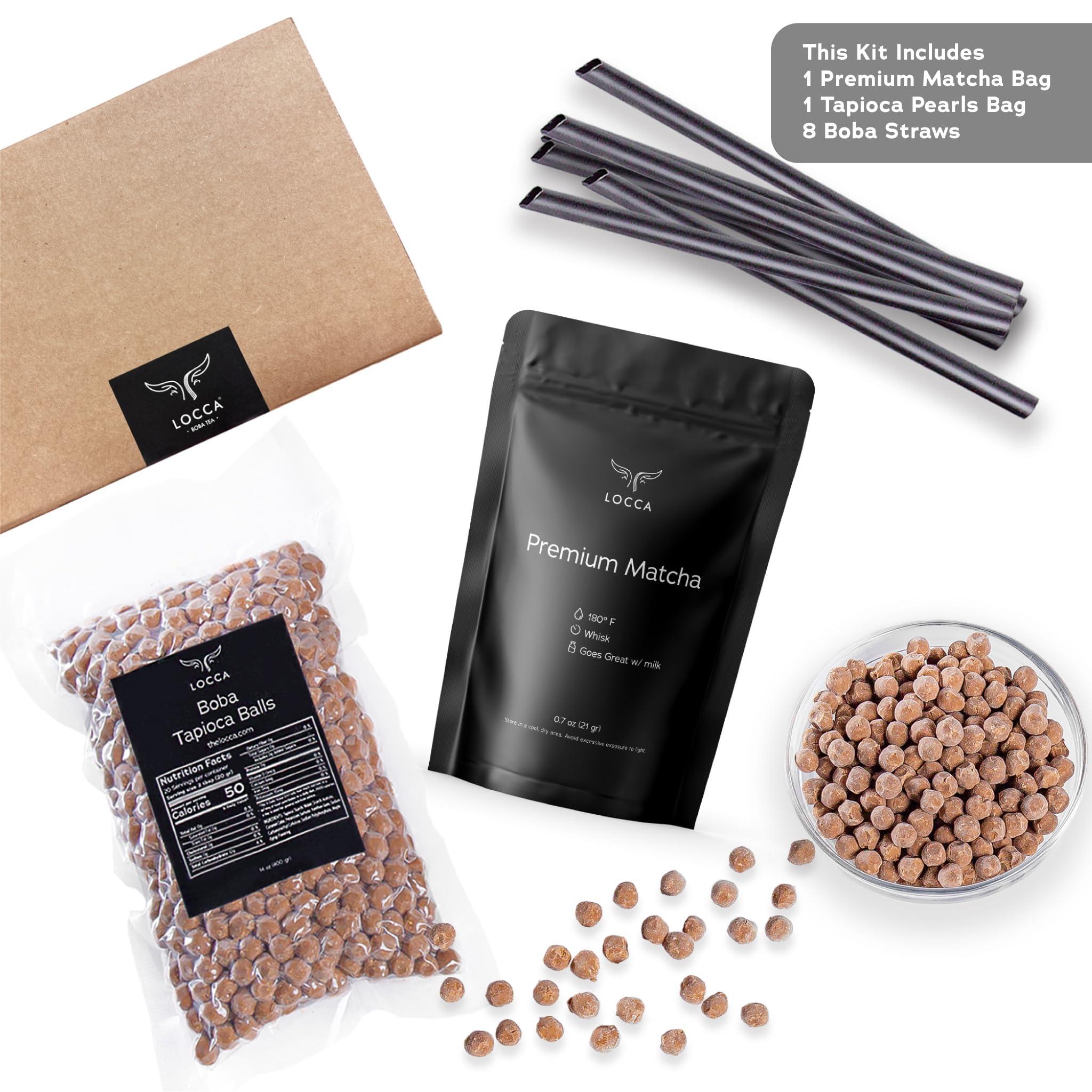 LOCCA Premium Matcha Kit with Matcha Powder and Tapioca Pearls | Matcha Set Bubble Tea Kit with Matcha Powder | Matcha Starter Kit for 8 Servings