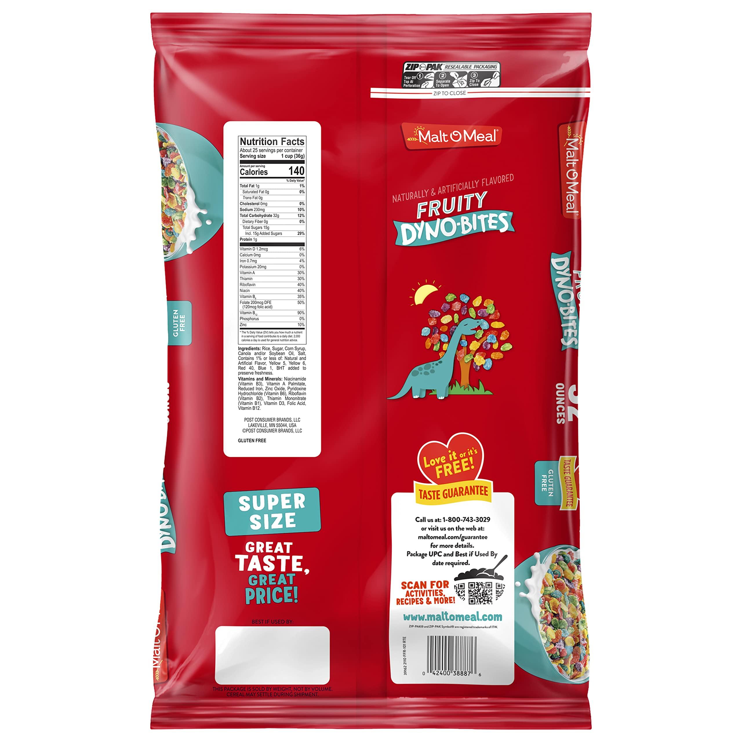 Post Consumer Brands, LLC Malt-O-Meal Fruity Dyno Bites Cereal, Gluten Free Breakfast Cereal with Fruity Flavor, Large Cereal for Family, 32 OZ Resealable Cereal Bag