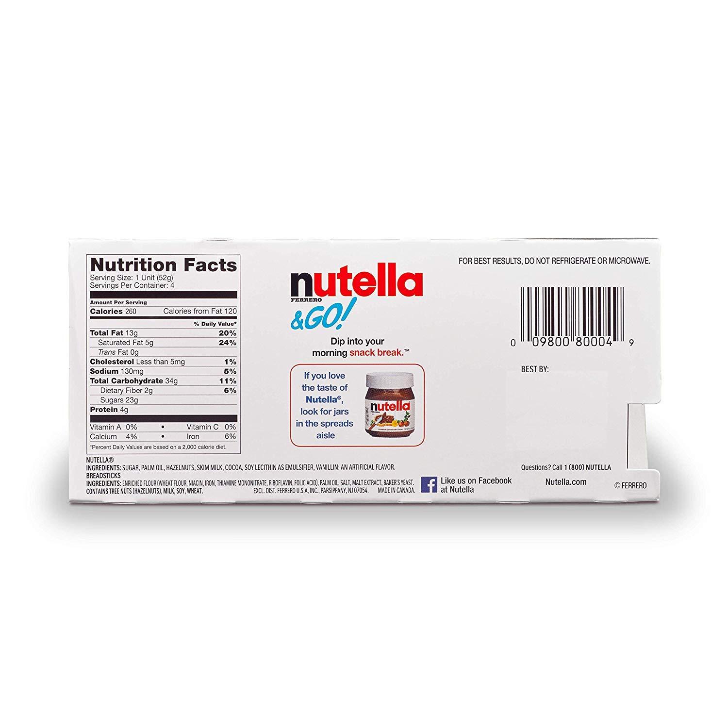 Nutella Nutella and Go Snack Packs, Chocolate Hazelnut Spread with Breadsticks, Perfect Bulk Snacks for Kids' Lunch Boxes, 1.8 oz, Pack of 4