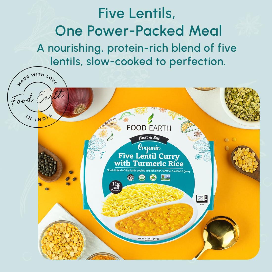 Food Earth Food Earth Ready to Eat Indian Cuisine - Five Lentil Curry with Turmeric Rice - Microwavable, Pre-packaged & Lunchable- Organic, Vegan, Gluten-Free, GMO-Free, Plant-Based - 10.58 oz each - Pack of 6