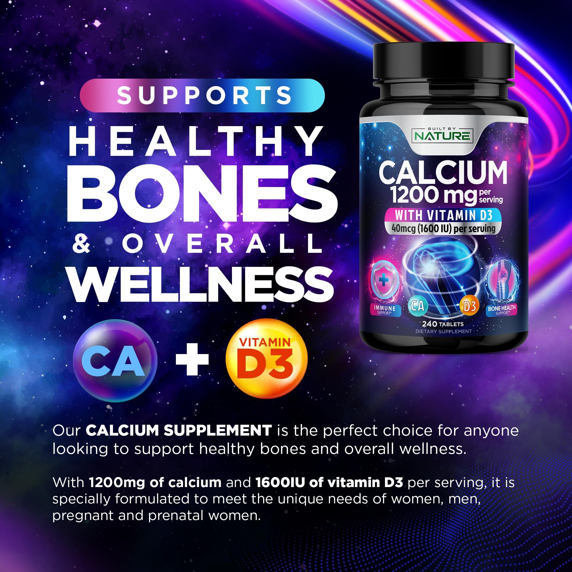 Built by Nature Calcium 1200mg with Vitamin D3 for Best Absorption - Advanced Bone Support Supplement, 1200 mg Calcium Carbonate & 1600 IU Vitamin D3, Slow Release for Immune Support, Easy to Swallow, 240 Tablets