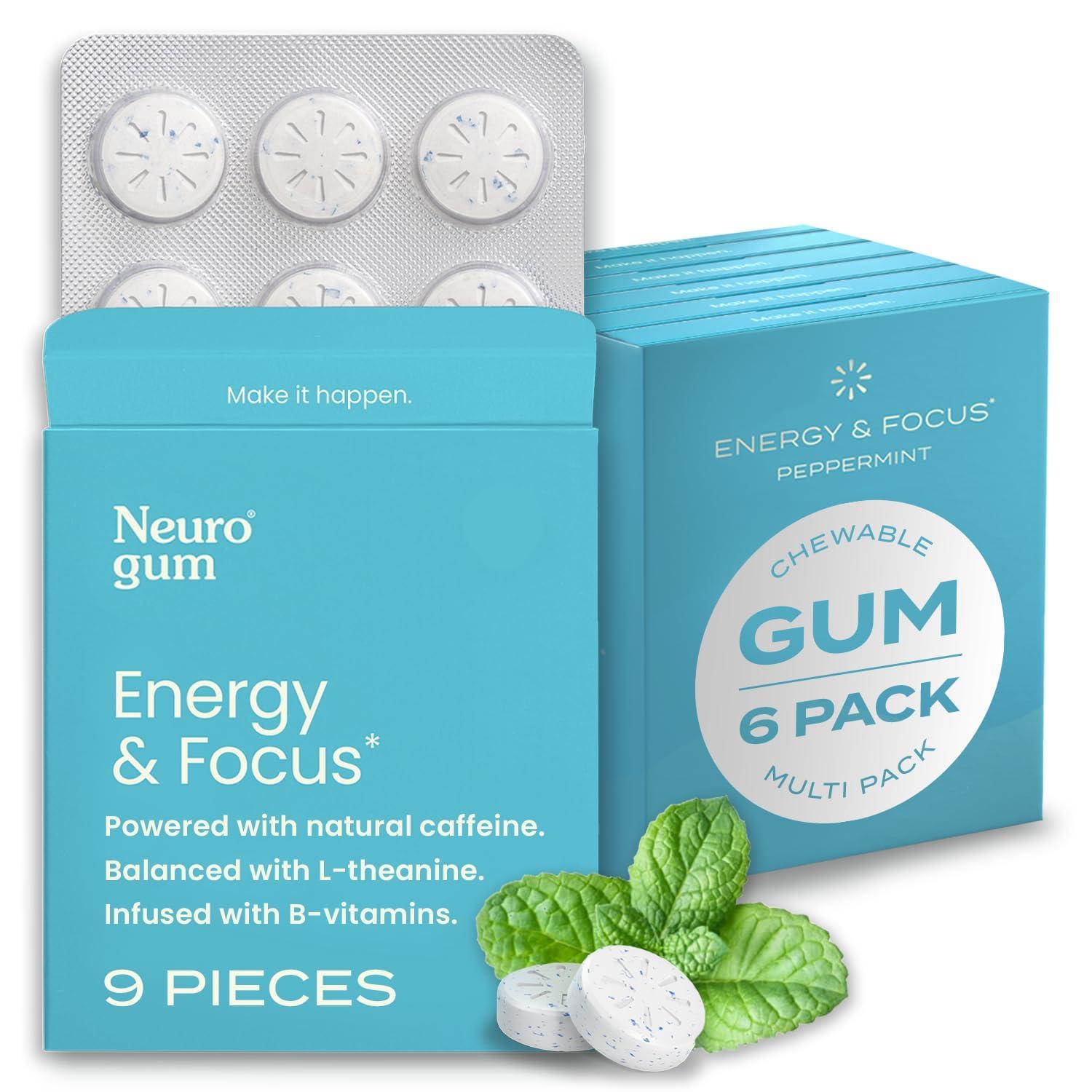 NeuroGum NeuroGum Energy Caffeine Gum (54 Pieces) - Sugar Free with L-theanine + Caffeine + Vitamin B12 & B6 - Nootropic Energy & Focus Supplement for Women & Men - Peppermint Flavor (Packaging May Vary)