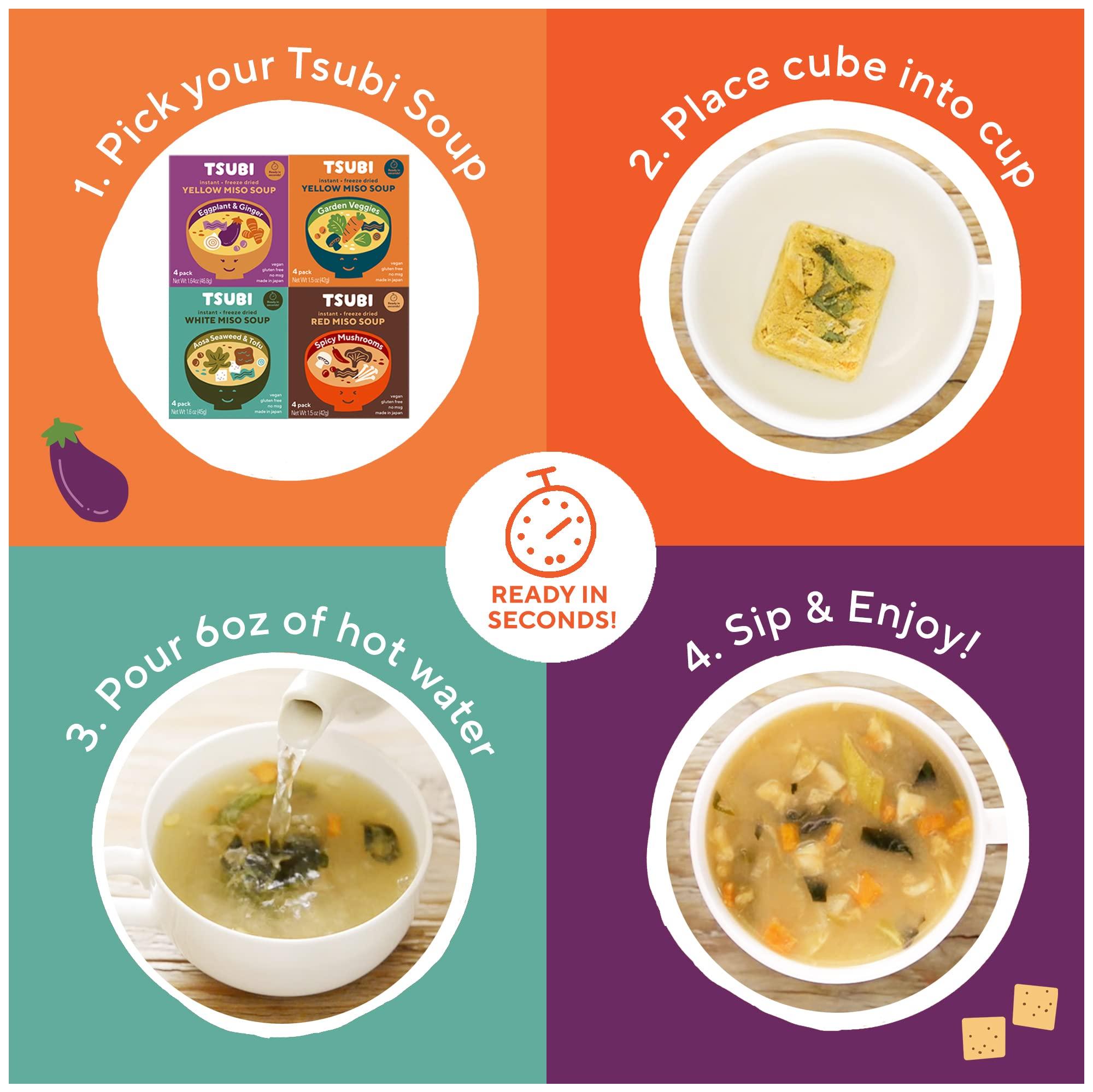 Tsubi Soup Tsubi Soup Freeze-Dried Japanese Miso Soup Packets - Instant, Vegan, Easy Mix, Gluten & MSG-Free, Flavorful - Ready in Seconds - Authentic Taste of Japan - Yellow Miso (Eggplant & Ginger) - 12 Packs