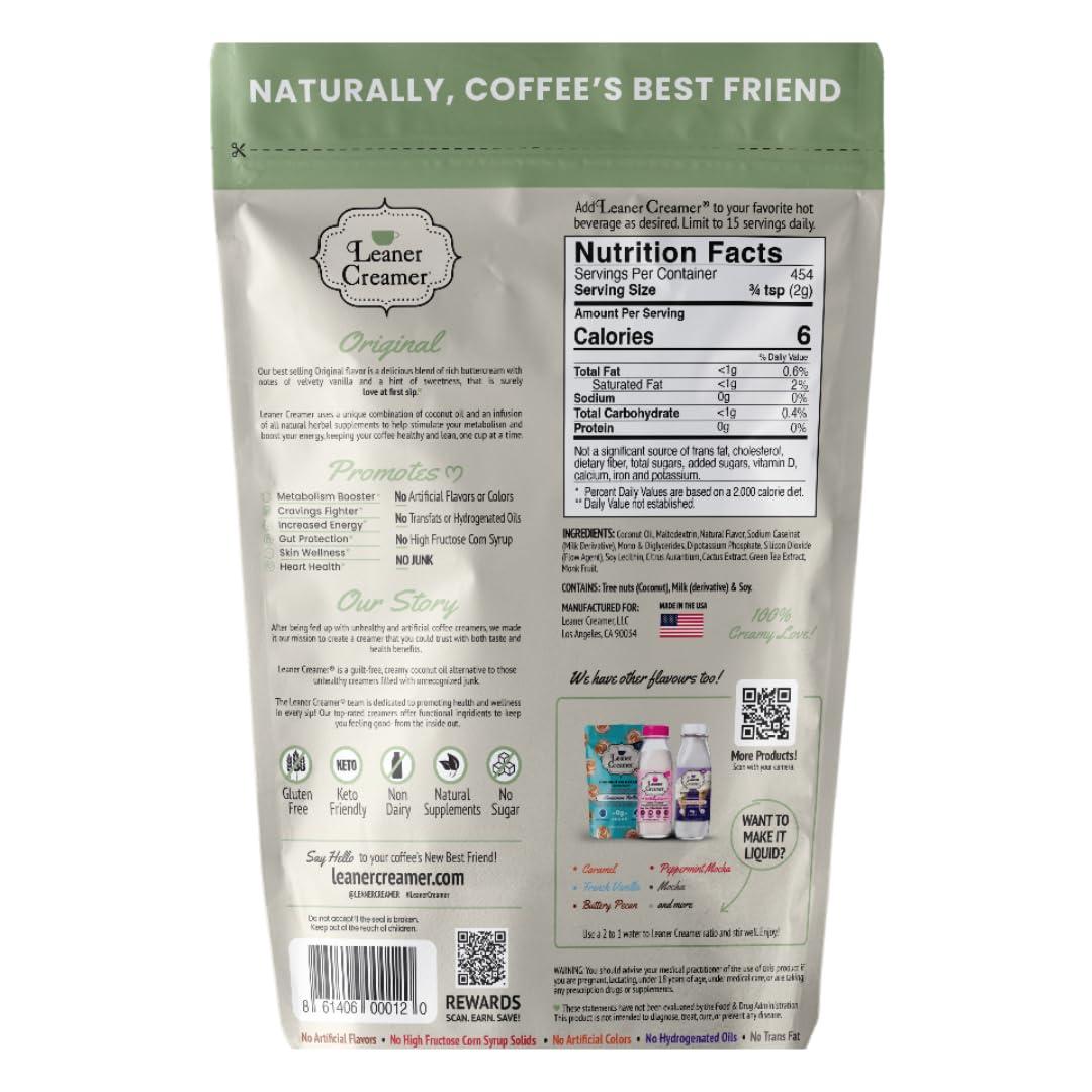 Leaner Creamer Leaner Creamer Natural Powdered Coffee Creamer, Coconut Oil Non-Dairy Powder to Naturally Cream and Sweeten Coffee for Smoothies, Vegan, Keto, Gluten-Free, Sugar-Free - Original Coffee Creamer - 32oz