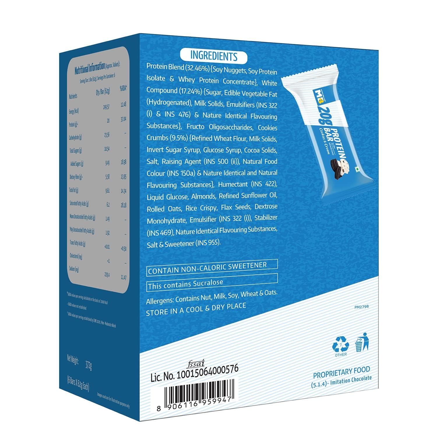 Generic 20 gram Protein Bar, Cookies & Cream, Protein Blend, Fibre, 100% Veg, Gluten-Free, Healthy Protein Snacks, For Energy & Fitness (Pack of 6)