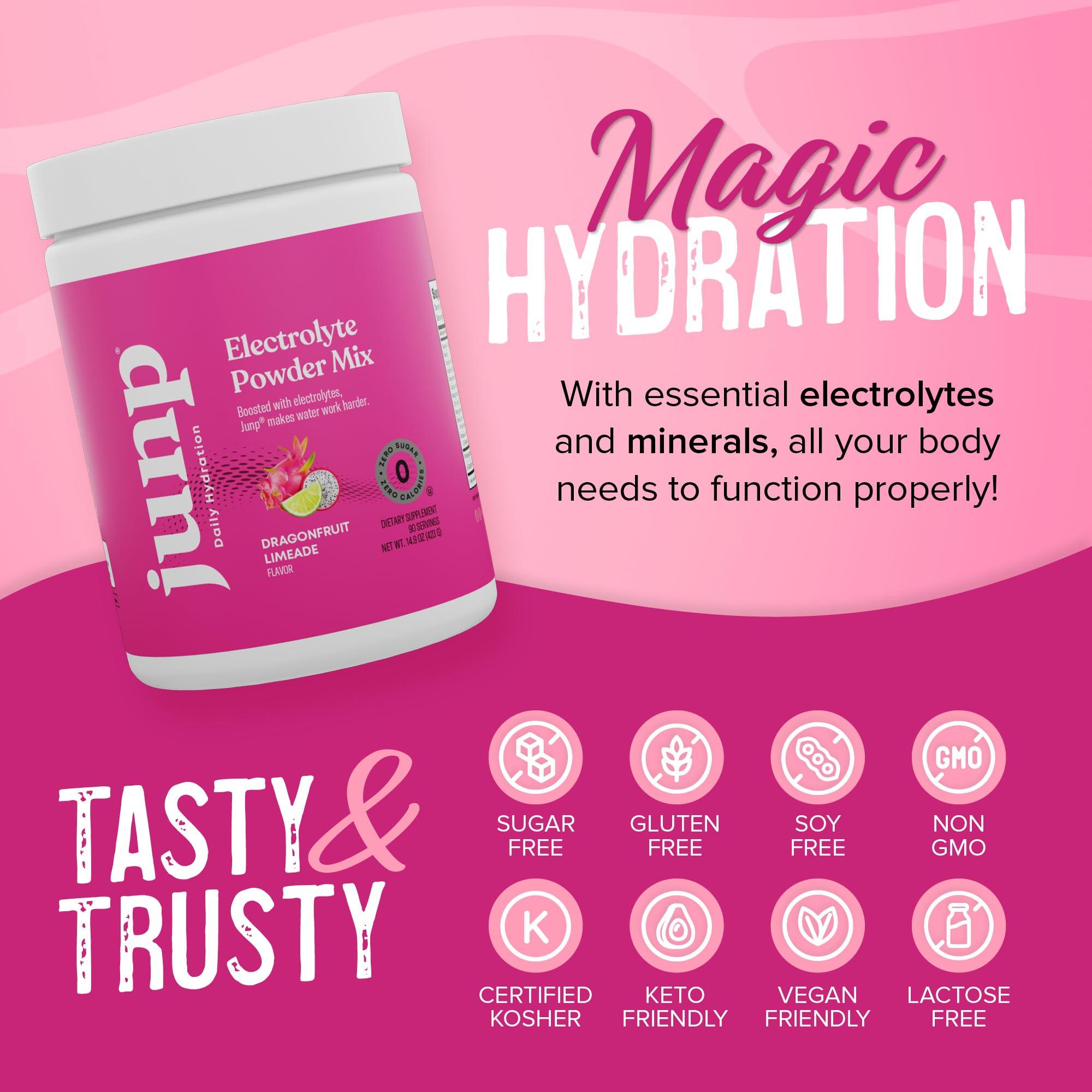 JUNP JUNP Electrolytes Powder No Sugar No Carbs - Dragonfruit Limeade Keto Electrolyte Drink Mix - Potassium & Salt Hydration Powder Electrolytes Zero Calorie Sugar Free Electrolyte Powder, 90 Servings