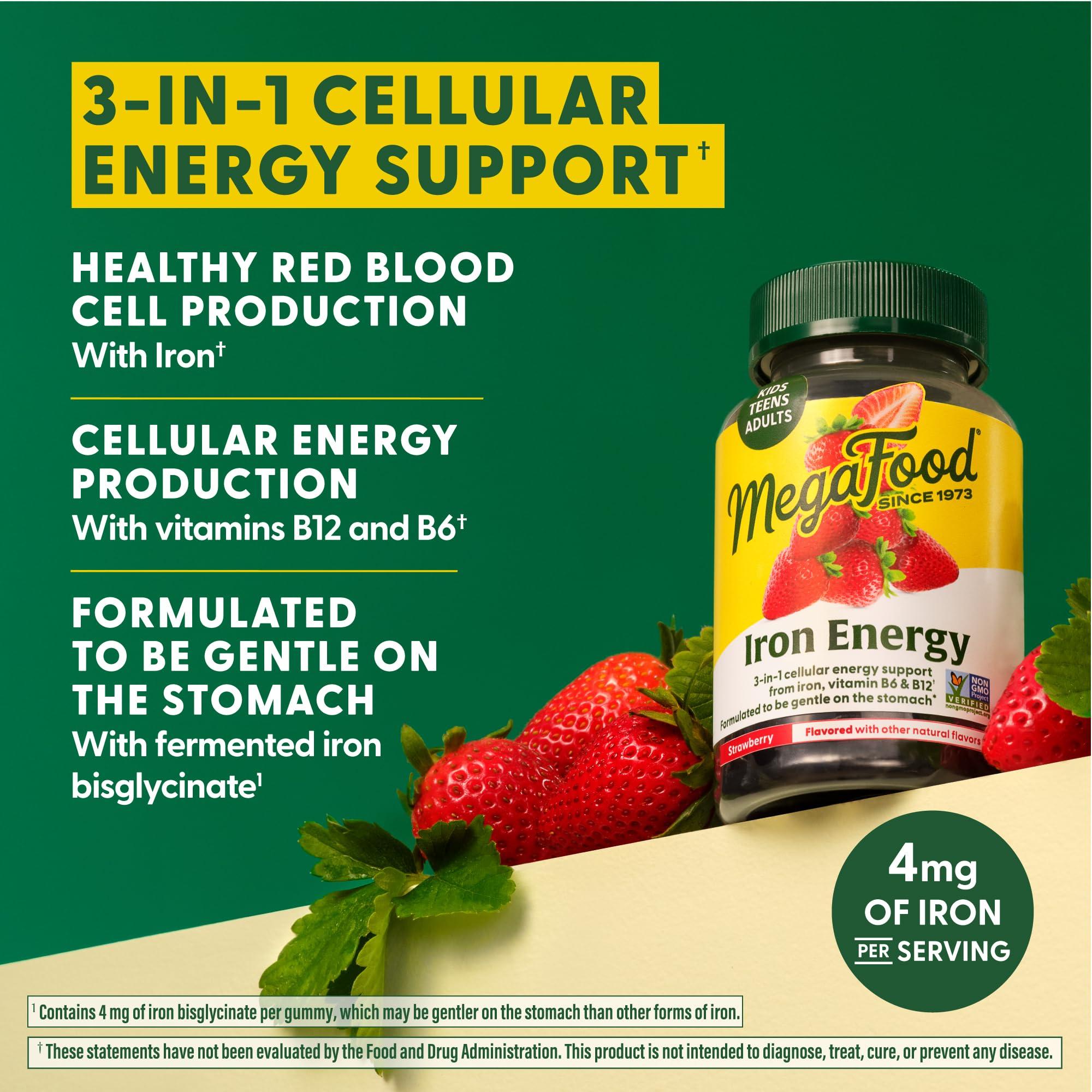 MegaFood MegaFood Iron Energy Gummies - Vegan & Gluten-Free Iron Supplement for Women, Men, Teens & Kids with Vitamin B12 & B6, from The Makers of Blood Builder Iron Supplement, Strawberry Flavor - 60 Gummies