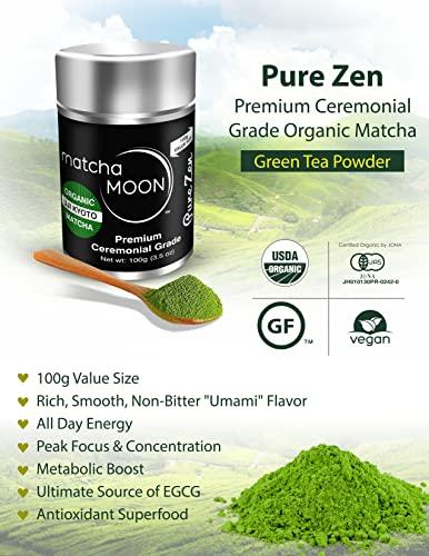 Matcha Moon Matcha Moon Ceremonial Grade Matcha Green Tea Powder - Best For Traditionally Whisked Tea - Organic Matcha Green Tea Powder - Pure Zen - Value Size 100g Tin