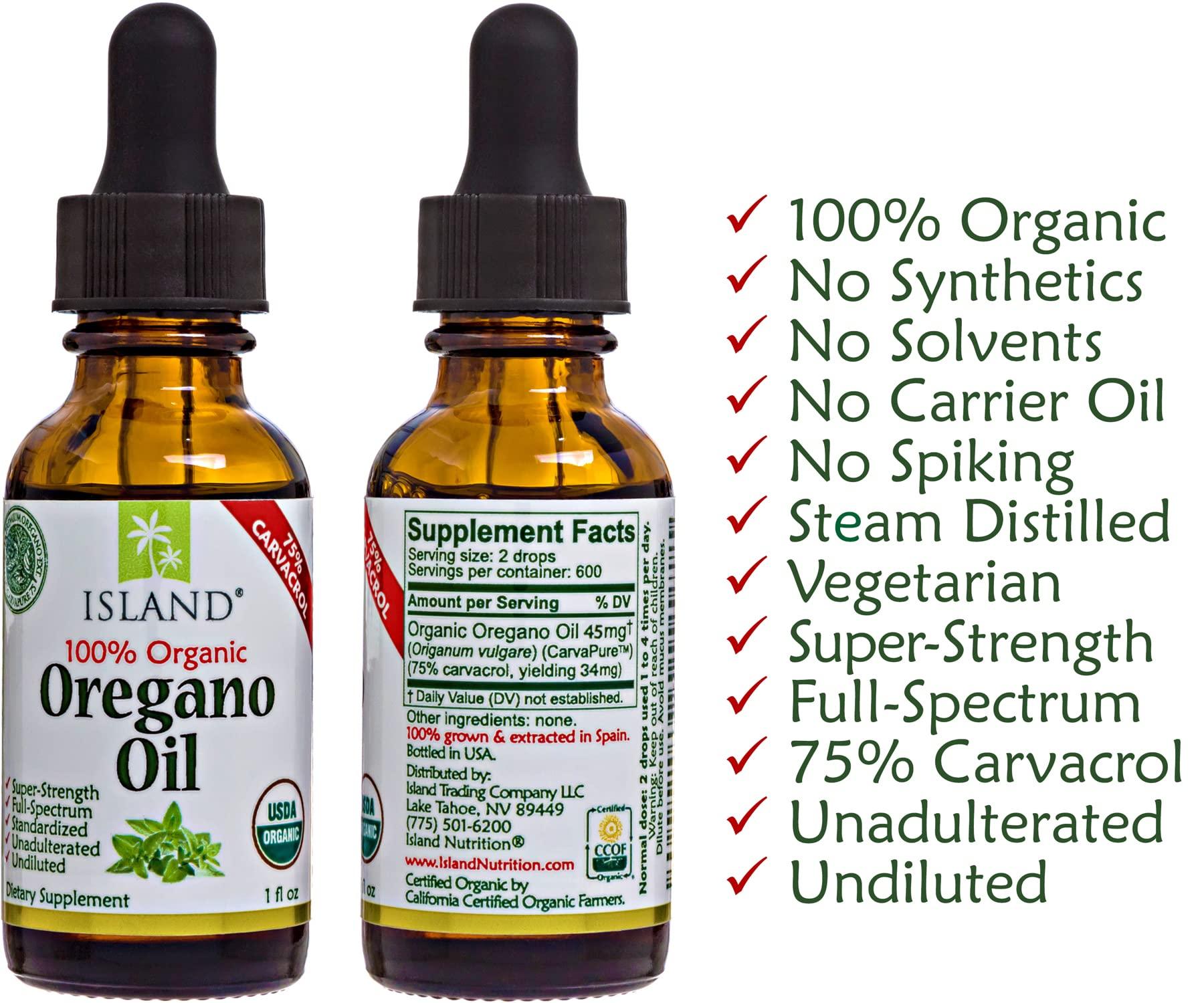 Island Nutrition Island Nutrition, Oregano Oil Organic Liquid Drops - 100% Pure & Undiluted - USDA-Certified Organic (1 oz) 75% Carvacrol - Grown in Spain - Immune Support Supplement with Oil of Oregano.