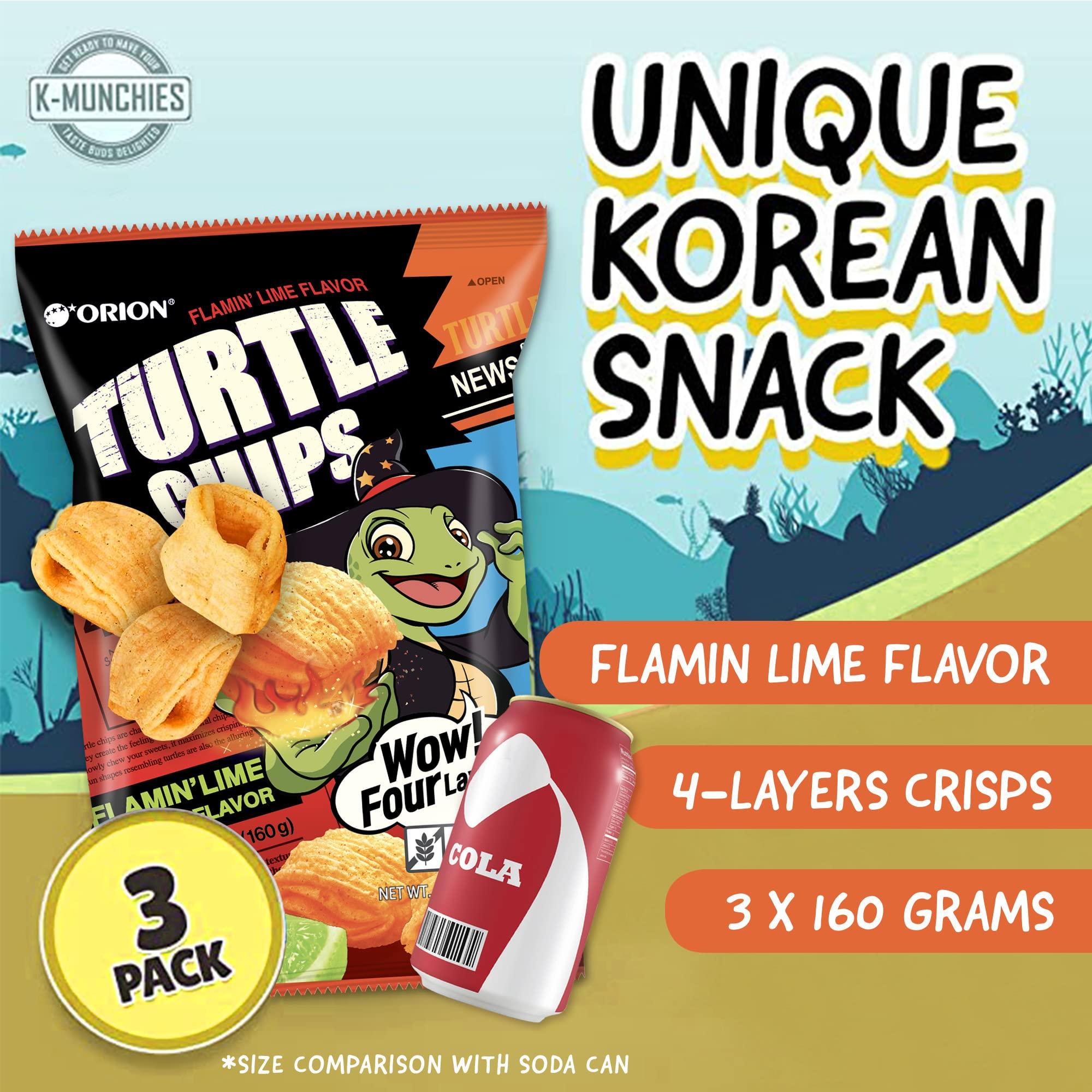 K-Munchies K-Munchies Orion Turtle Chips – Large 3 x 160-gram Flamin' Lime Flavor Korean Chips – Big Bag, Party Size Tasty, Crispy Korean Corn Snacks - Bite-Sized, On-The-Go Korean Corn Snack for Family