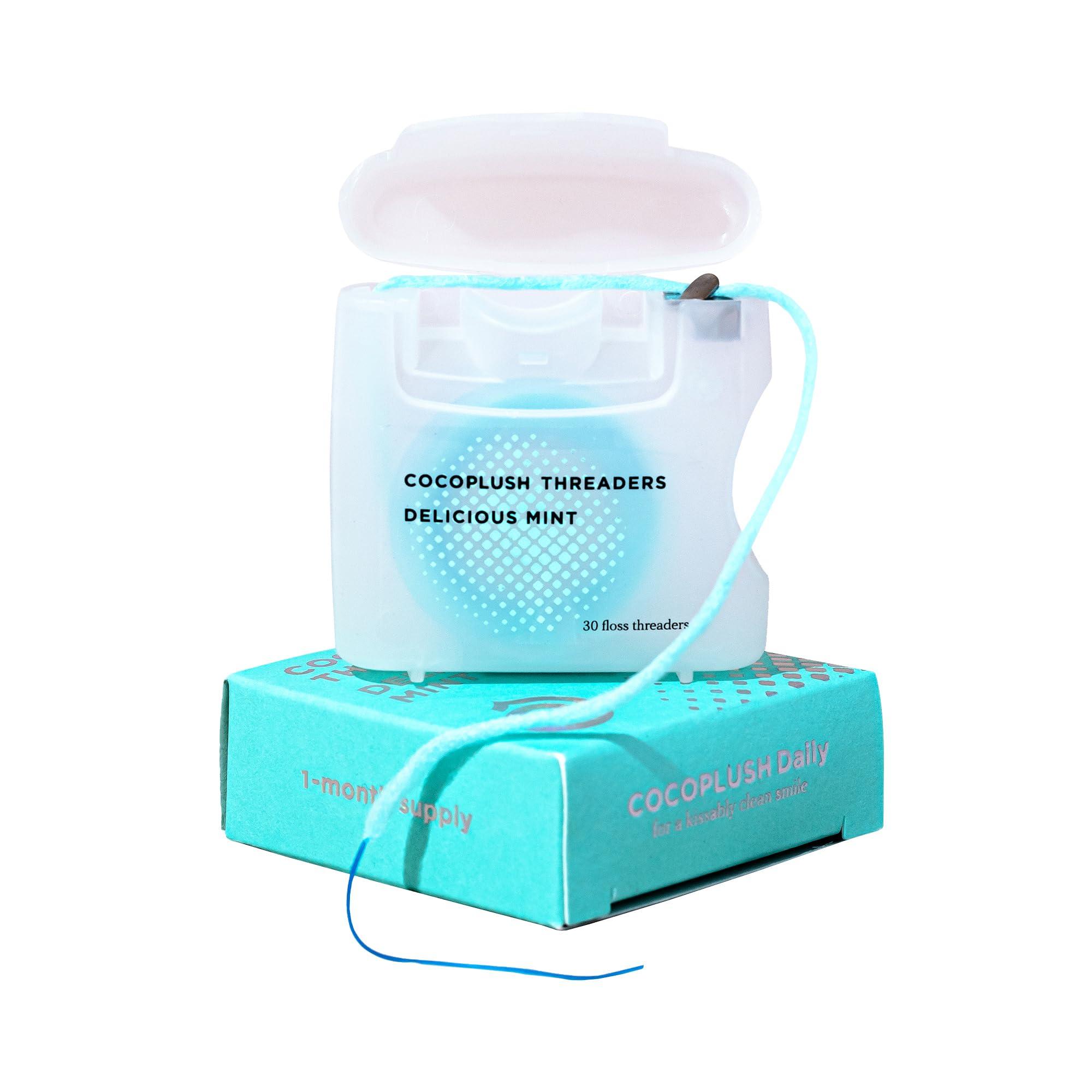 Cocofloss Cocofloss CocoPlush Threaders, Dental Floss for Implants, Bridges, and Braces, Mint, Waxed, Dentist-Designed Oral Care with Coconut Oil, 30 Per Pack