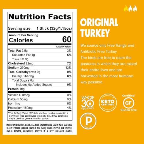 Chomps CHOMPS Free Range Original Turkey Jerky Meat Snack , Keto, Paleo, Whole30 Approved, Low Carb, High Protein, Sugar/Gluten Free, Non-GMO, 60 Calories 1.15 Oz Sticks, 10 Pack