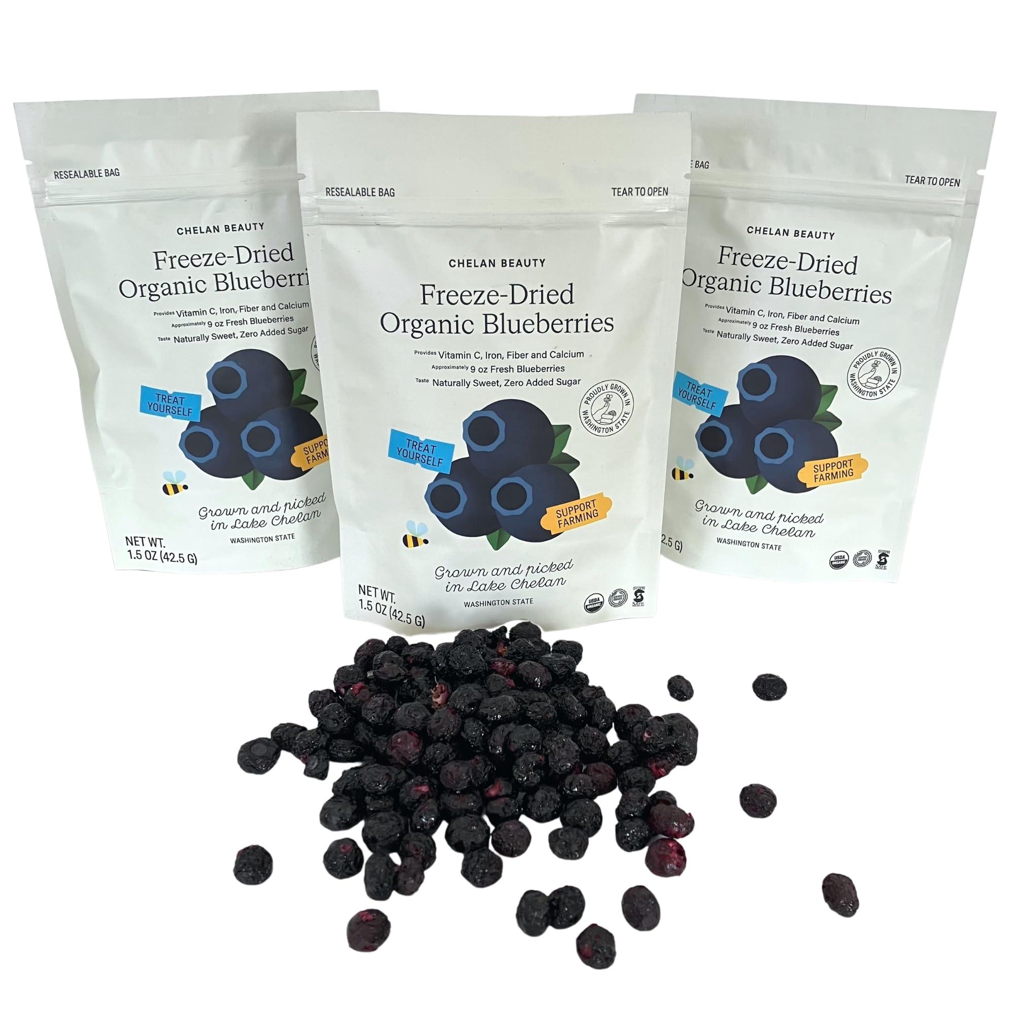 Chelan Beauty Chelan Ranch Organics Premium Freeze-Dried Organic Blueberries, Non-GMO & Vegan, 1.5 Ounce Bag (3-Pack)