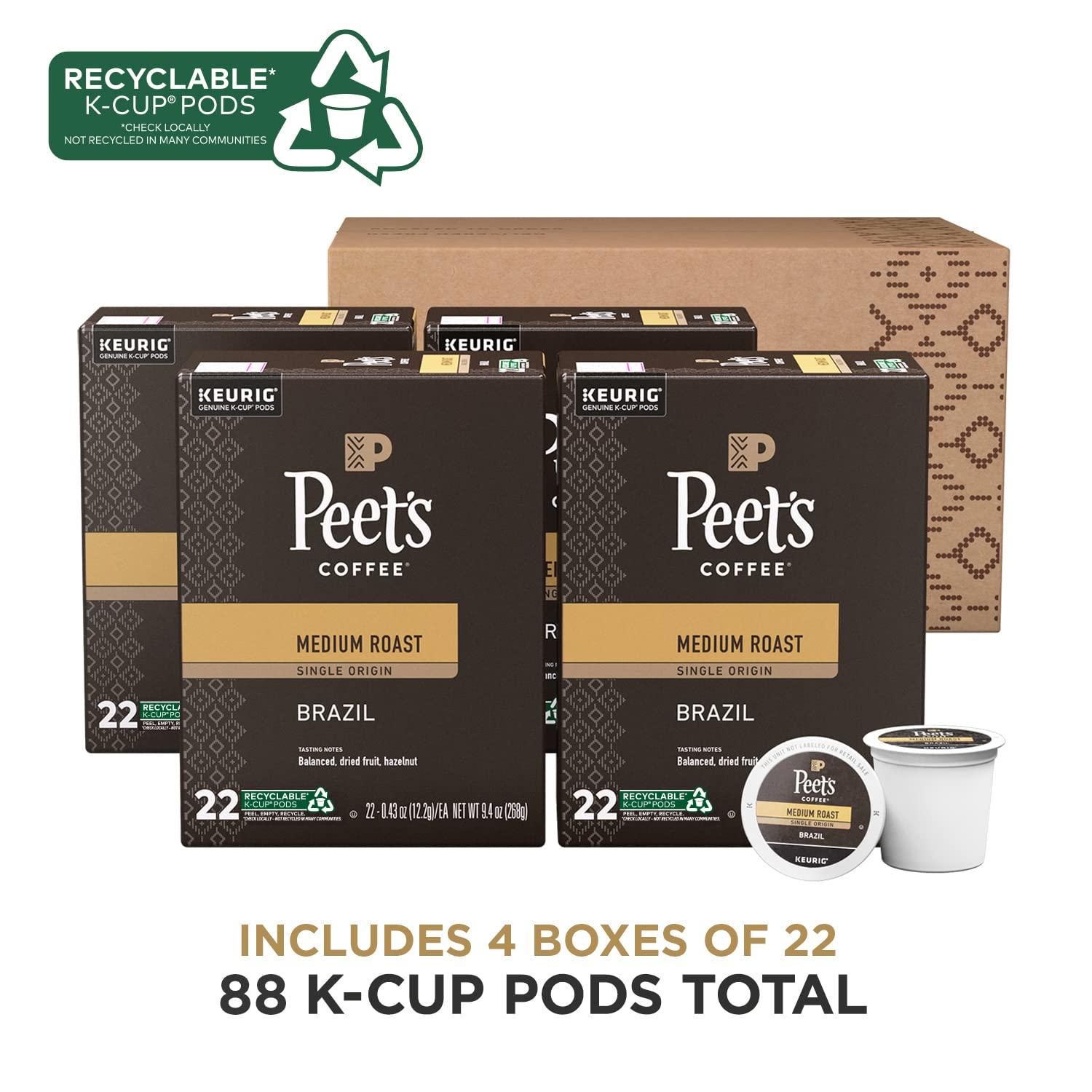 Peet's Coffee Peet\'s Coffee, Medium Roast Keurig K-Cup Pods - Single Origin Brazil 88 Count (4 Boxes of 22 K-Cup Pods)