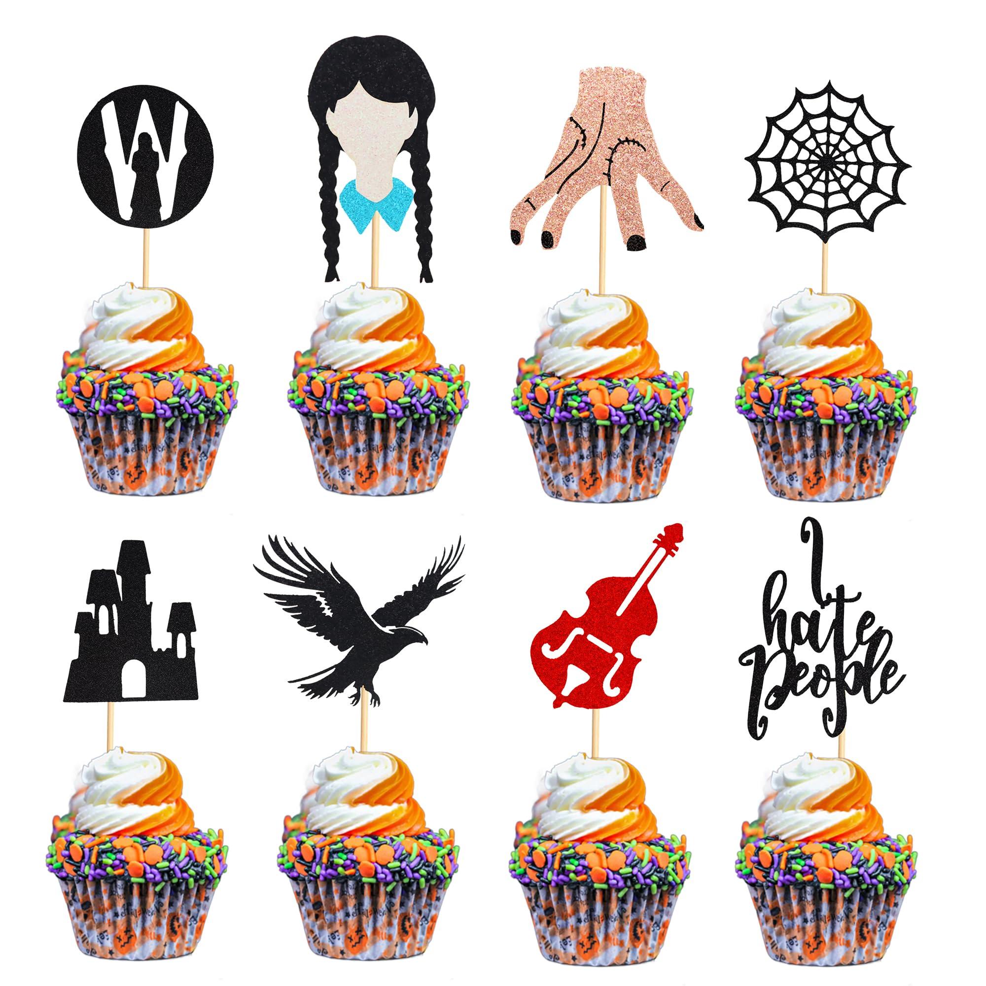 Arthsdite Arthsdite 24Pcs Horror Wednesday Addams Cupcake Toppers Thing Hand Black Eagle I Hate People Cobweb Castle Girl Addams Family Cupcake Picks for Fantasy Wednesday Birthday Party Cake Decorations