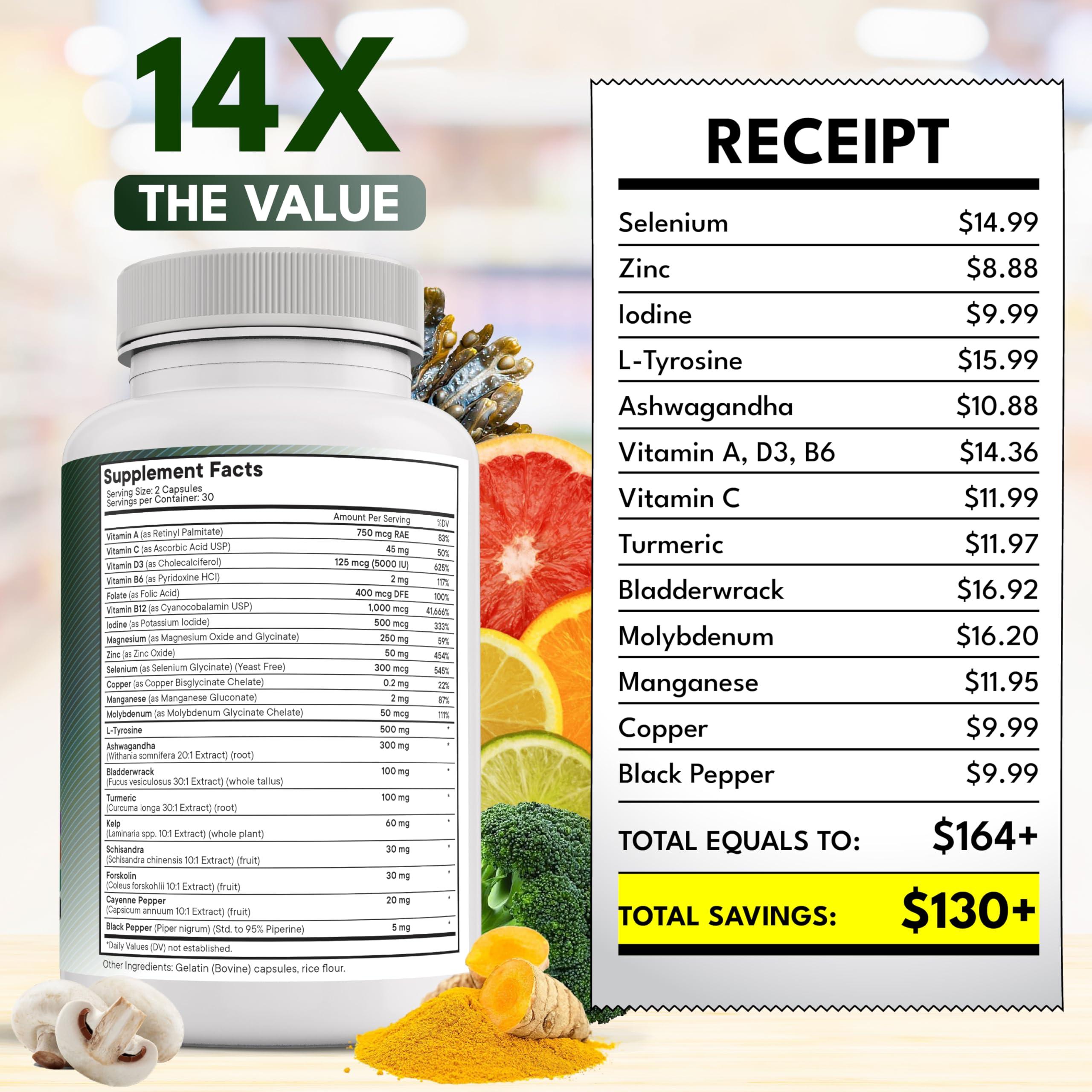 NEW AGE Selenium, Zinc, Iodine, L Tyrosine, Ashwagandha - Thyroid Support Supplement for Women and Men with Bladderwrack, Turmeric, Silica Kelp, Schisandra - 60 Count