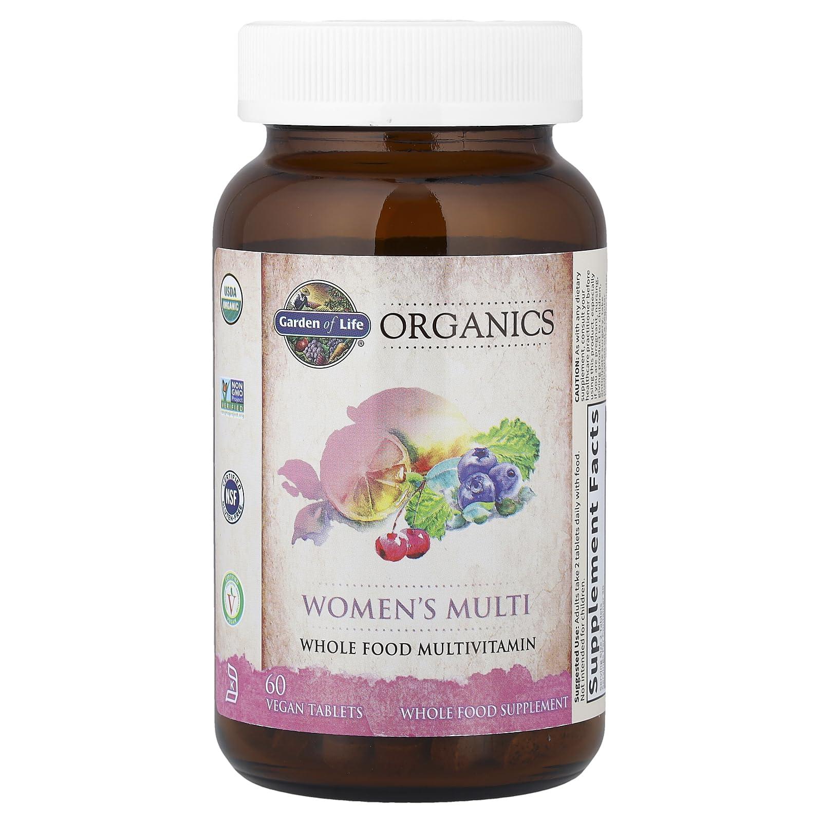Garden of Life Garden of Life Organics Organic Multivitamin for Women - Womens Multi with Vitamin C, D, Folate, B6, B12, Biotin, Iron, Vegan Whole Food Vitamins for Women, Energy, Skin, Nails, 60 Tablets