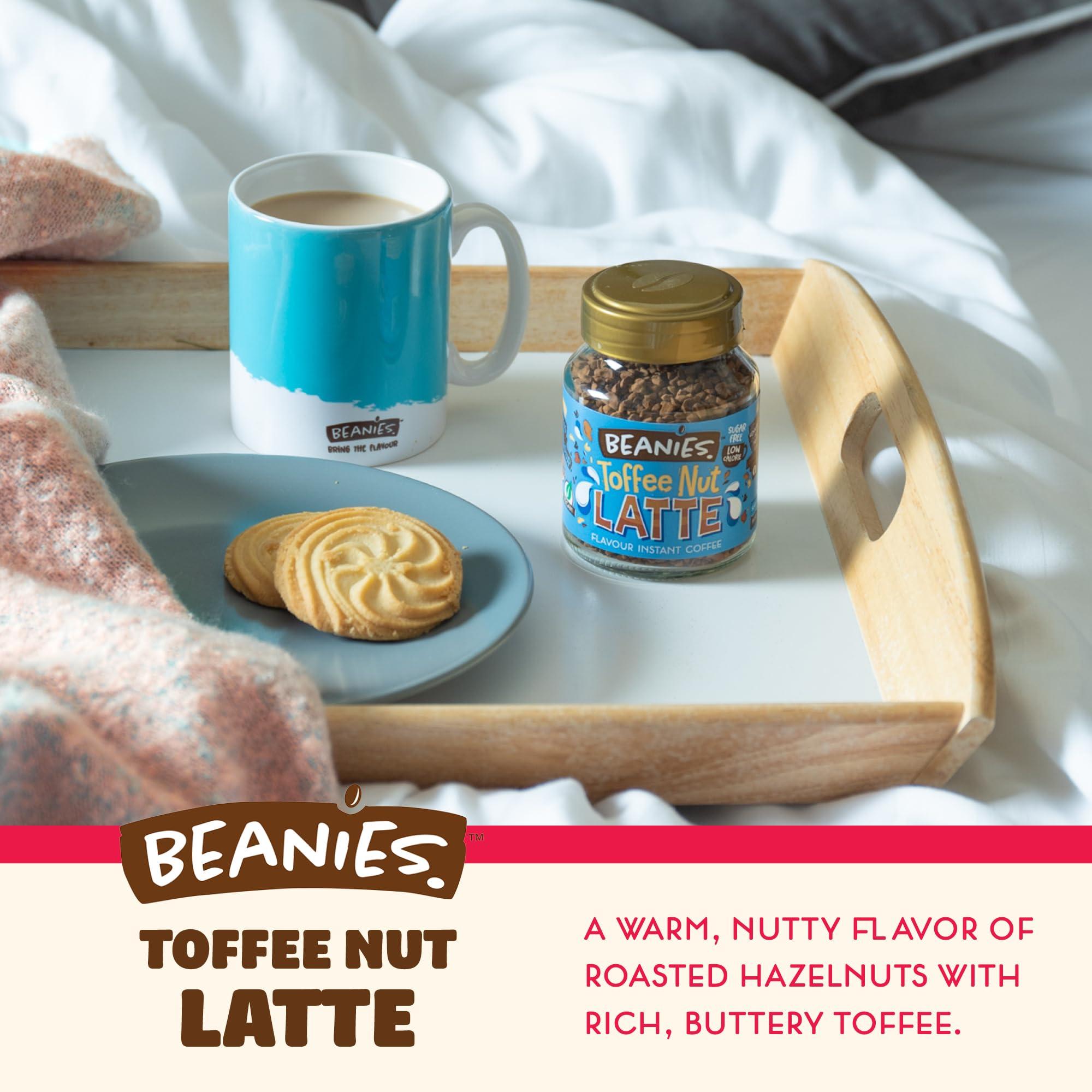 Beanies The Flavour Co Beanies Flavour Instant Coffee -Toffee Nut Latte Instant Flavored Coffee - Bold & Adventurous Full-On Flavor - An Indulgent Sugar Free Taste Explosion - Low Calorie - Vegan & Gluten Free - Wheat & Dairy Free, 6 x 50g jar