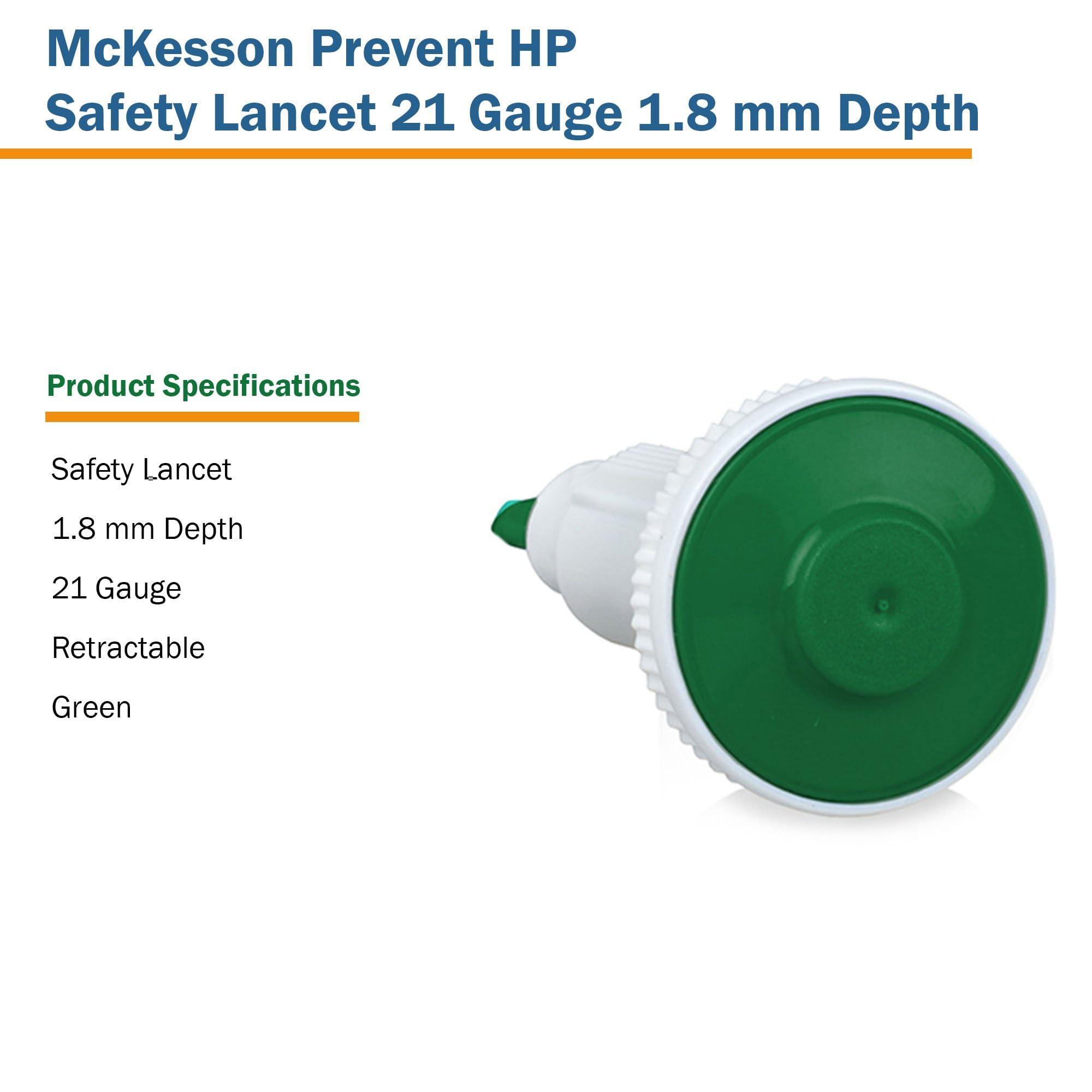 McKesson McKesson Prevent HP Safety Lancet, Auto Retracting with Push Button Activation, 21 Gauge, 1.8 mm Depth, Sterile, Green, 100 Count, 1 Pack