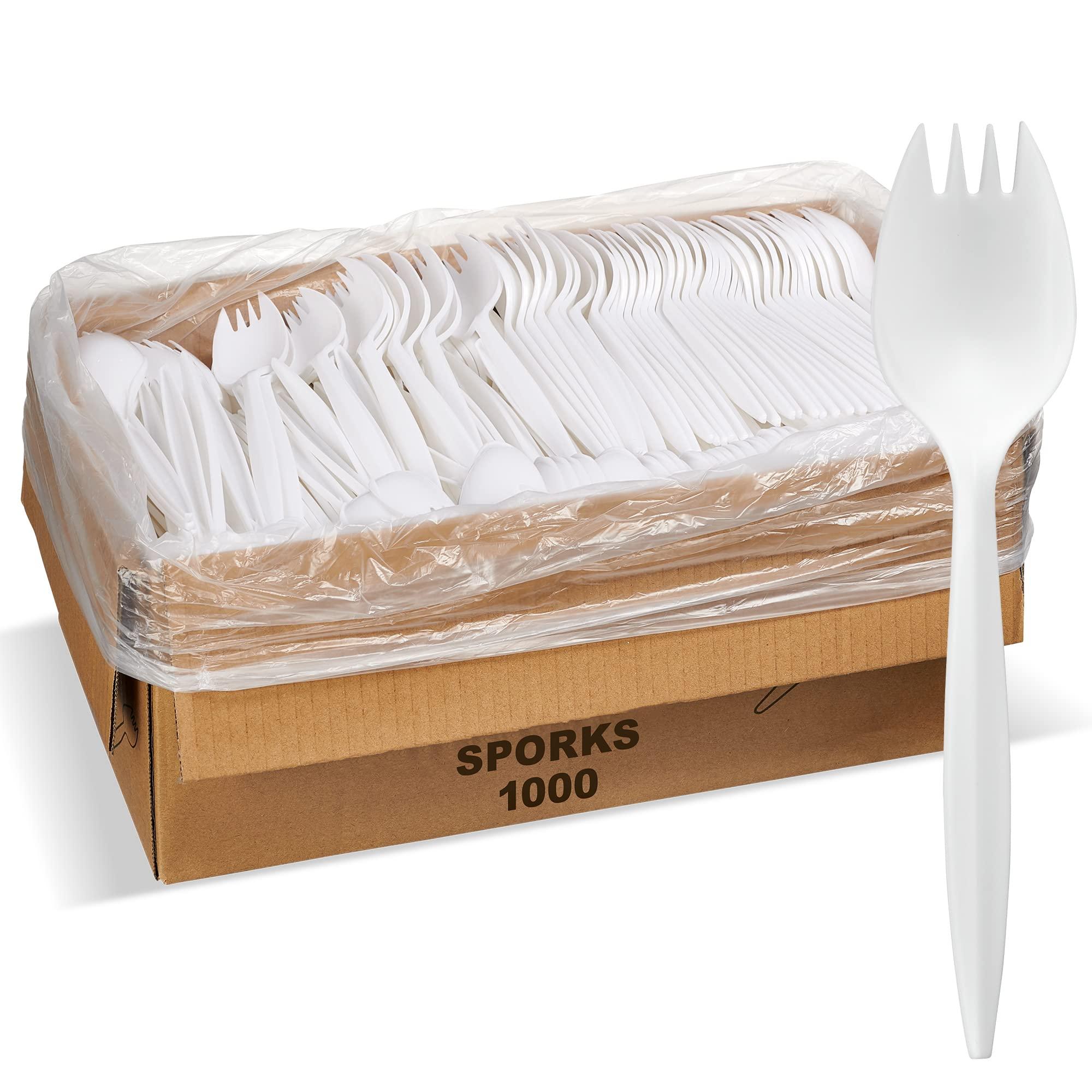 Elegant Disposables 1,000 Plastic Disposable Sporks Bulk White Medium Weight Disposable Silverware Plastic Cutlery Spork