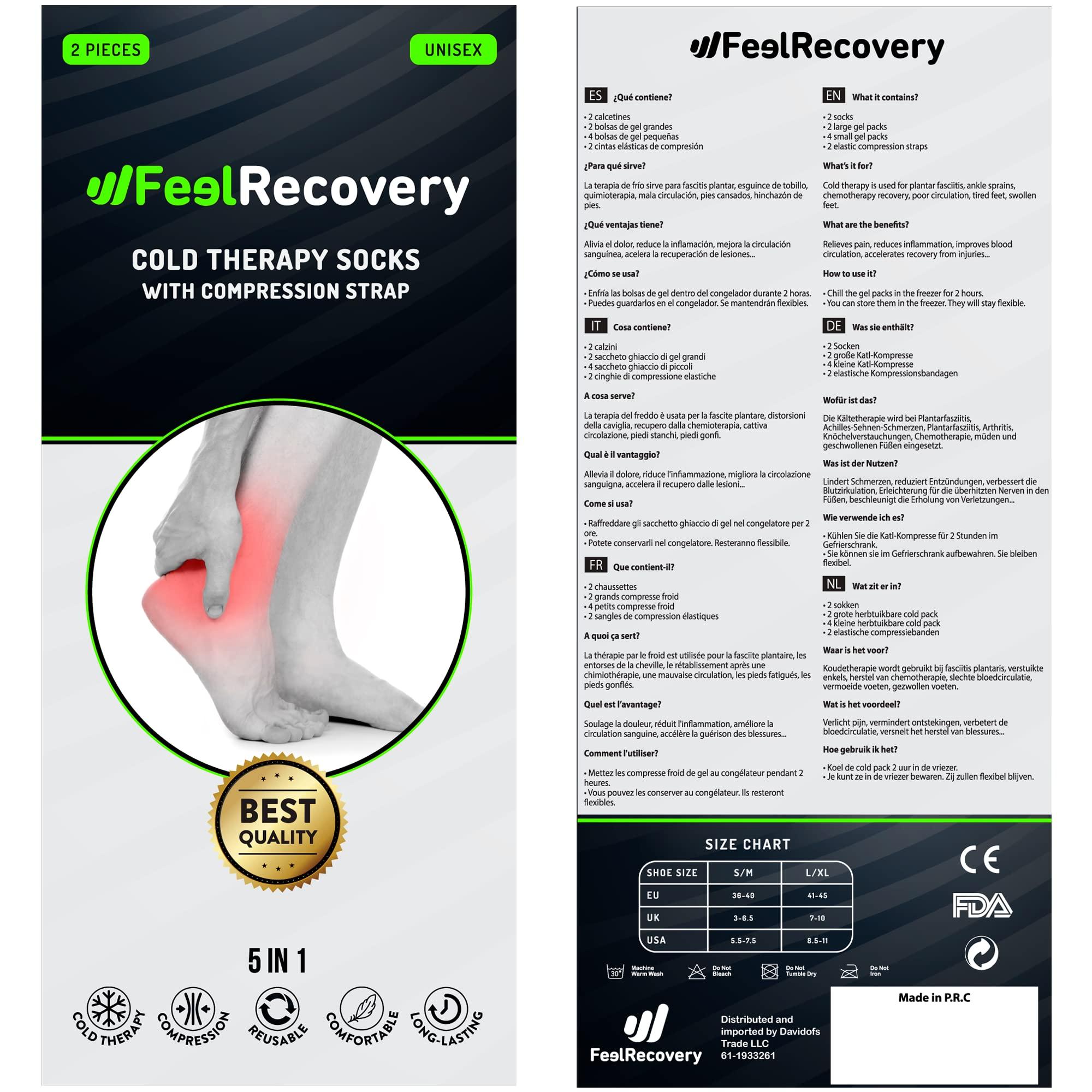 Feel Recovery Ice Pack Socks for Feet Coolers - Reusable Hot&Cold Therapy Socks w/Compression Straps - Cold Gel Pack for Neuropathy, Foot Pain, Plantar Fasciitis & Sprains (Black, L/XL)