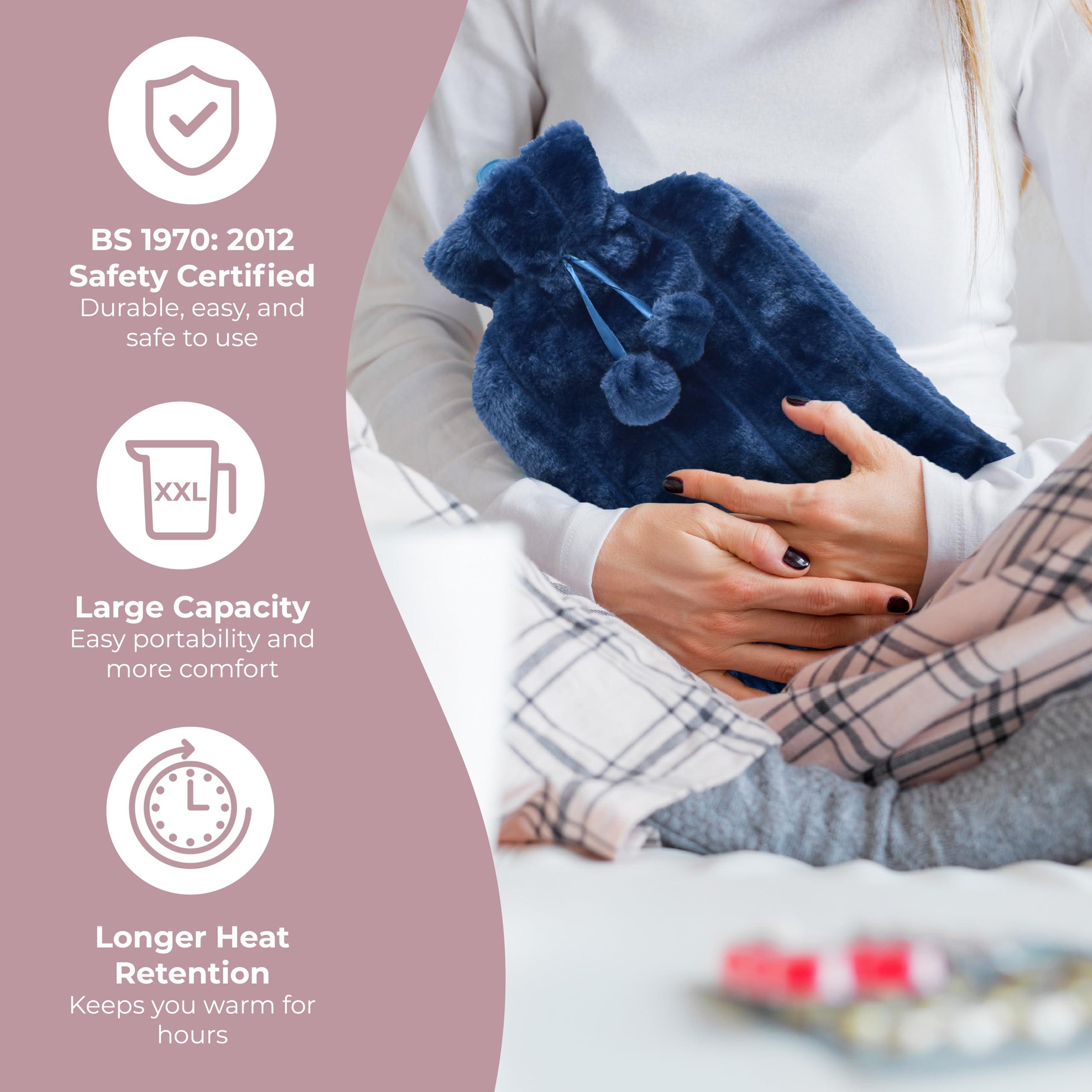volila XXX-Large Hot Water Bottle with Cover - 3.5L Blue Hot Water Bag for Pain Relief - 118Fl Oz Extra Large Washable Soft Faux Fur, Big Hot Water Pack for Sore Muscles, Period Cramps, Hot and Cold Compress