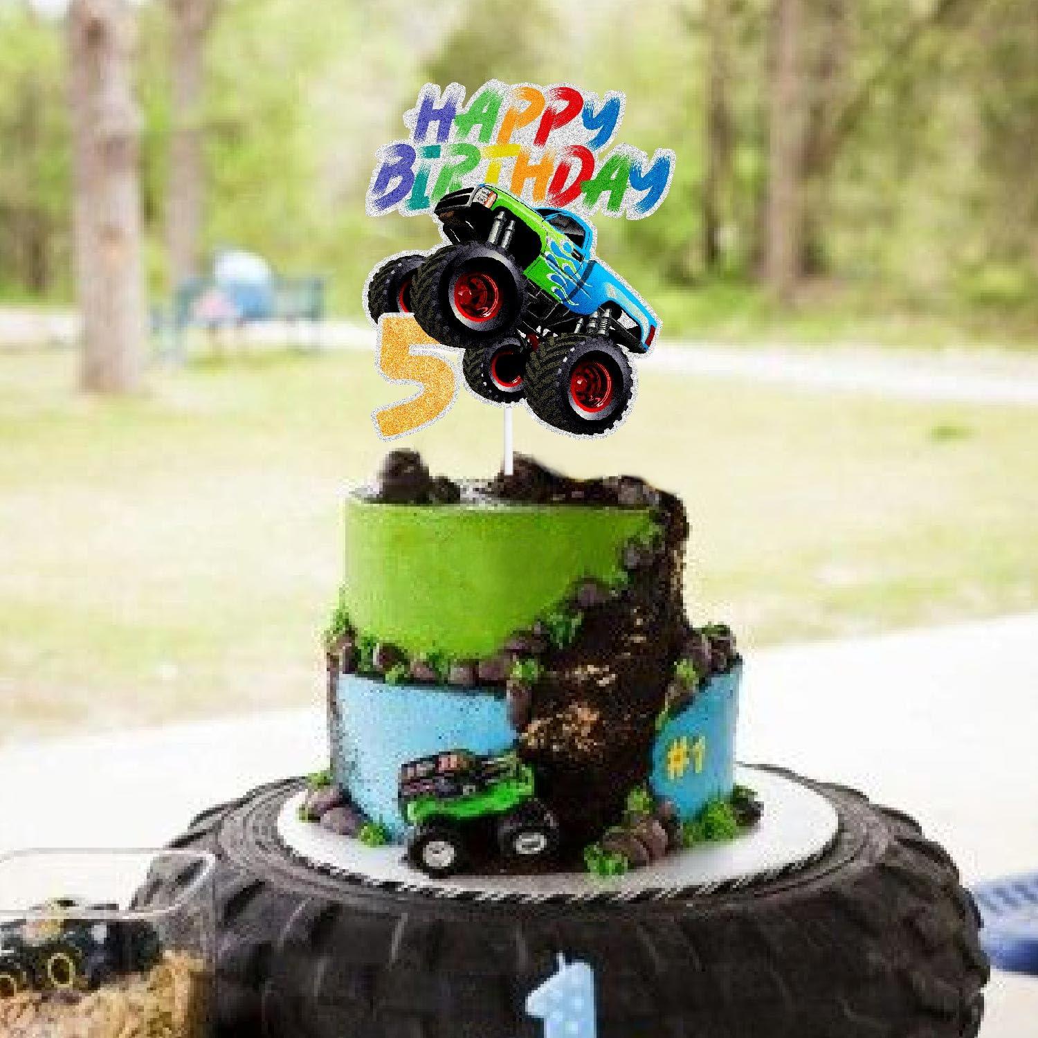 SugarGera Big Wheels Truck Cake Topper Truck Theme Kids 5th Birthday Happy Decoration, Boy or Girl Big Truck Themed Birthday Party, Racing Themed Party, Transportation Themed Party Decoration. SugarGera