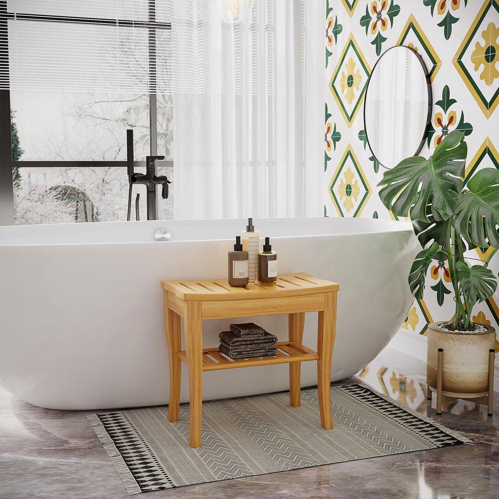 Yone jx je Yone jx je Long Bamboo Shower Bench Seat, 20" Wooden Spa Shower Stool with Underneath Storage Shelf Shoe Organizer,Perfect for Indoor or Outdoor,Natural Wood