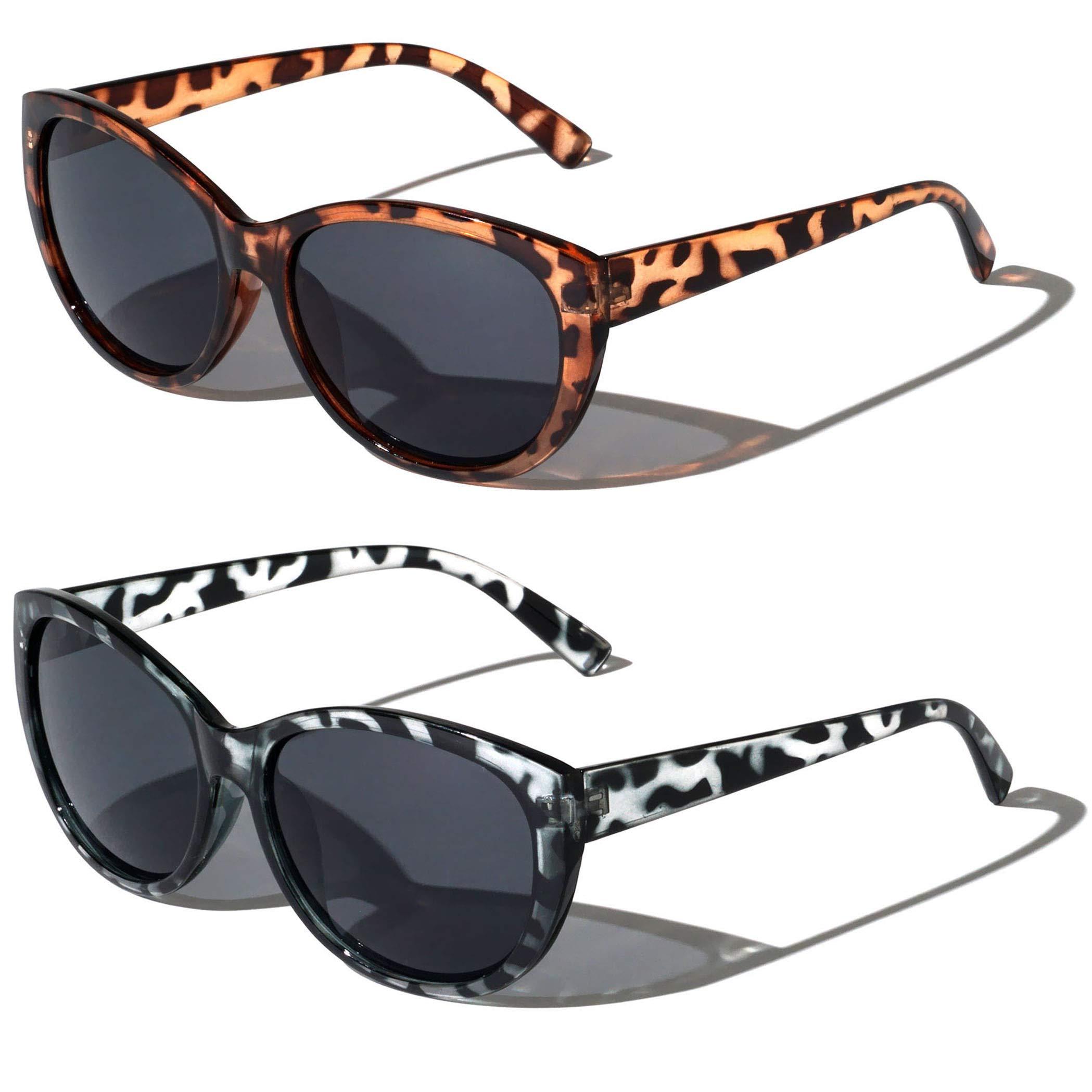 V.W.E. V.W.E. 2 Pairs Women Outdoor Reading Sunglasses Oversized Full Lens Readers Leopard (1 Grey 1 Brown, 1.00)