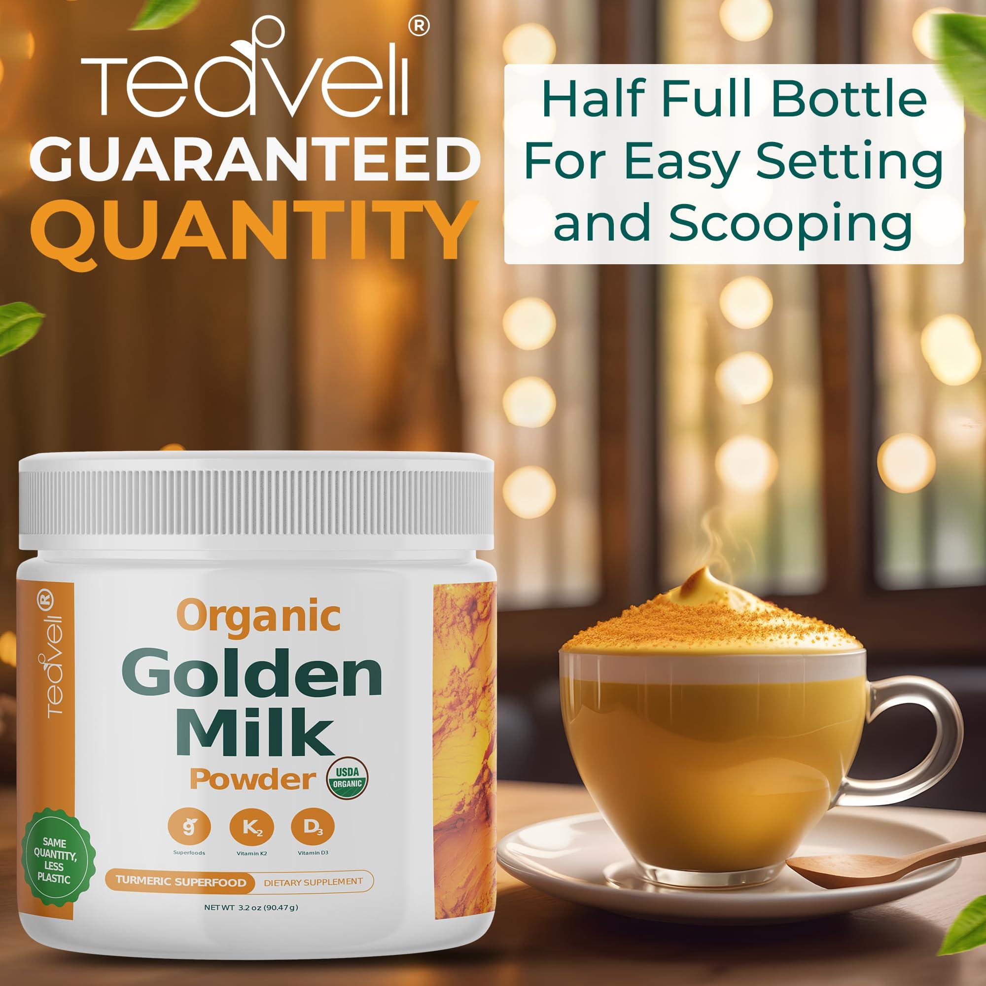 Teaveli Organic Golden Milk Powder with Vitamins D3 & K2, Turmeric, Ginger, Curcumin, Cinnamon, KSM66 Ashwagandha, Holy Basil & Natural Prebiotics Delicious Unsweetened Turmeric Tea Latte- 30 Servings