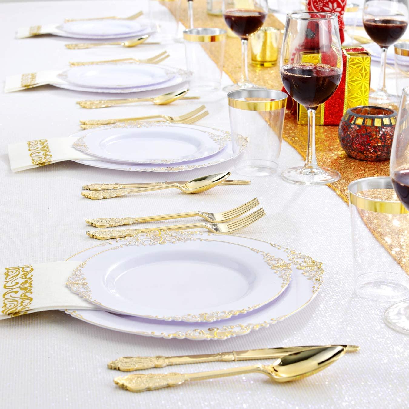 Nervure Nervure 175PCS White and Gold Plastic Plates 175PCS Clear Gold Plastic Plates