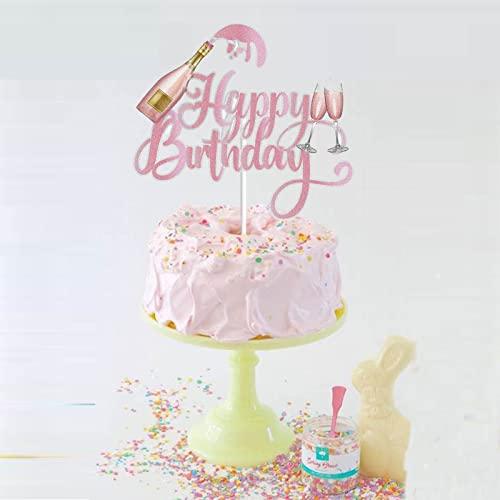 KEWEYA Champagne Happy Birthday Cake Topper Celebrating Cheers to 21 30 40 50 60 Years Theme Birthday Party Decoration Supplies Pink Rose Gold Glitter Beers Wine Glass Cake Decor for Men Women