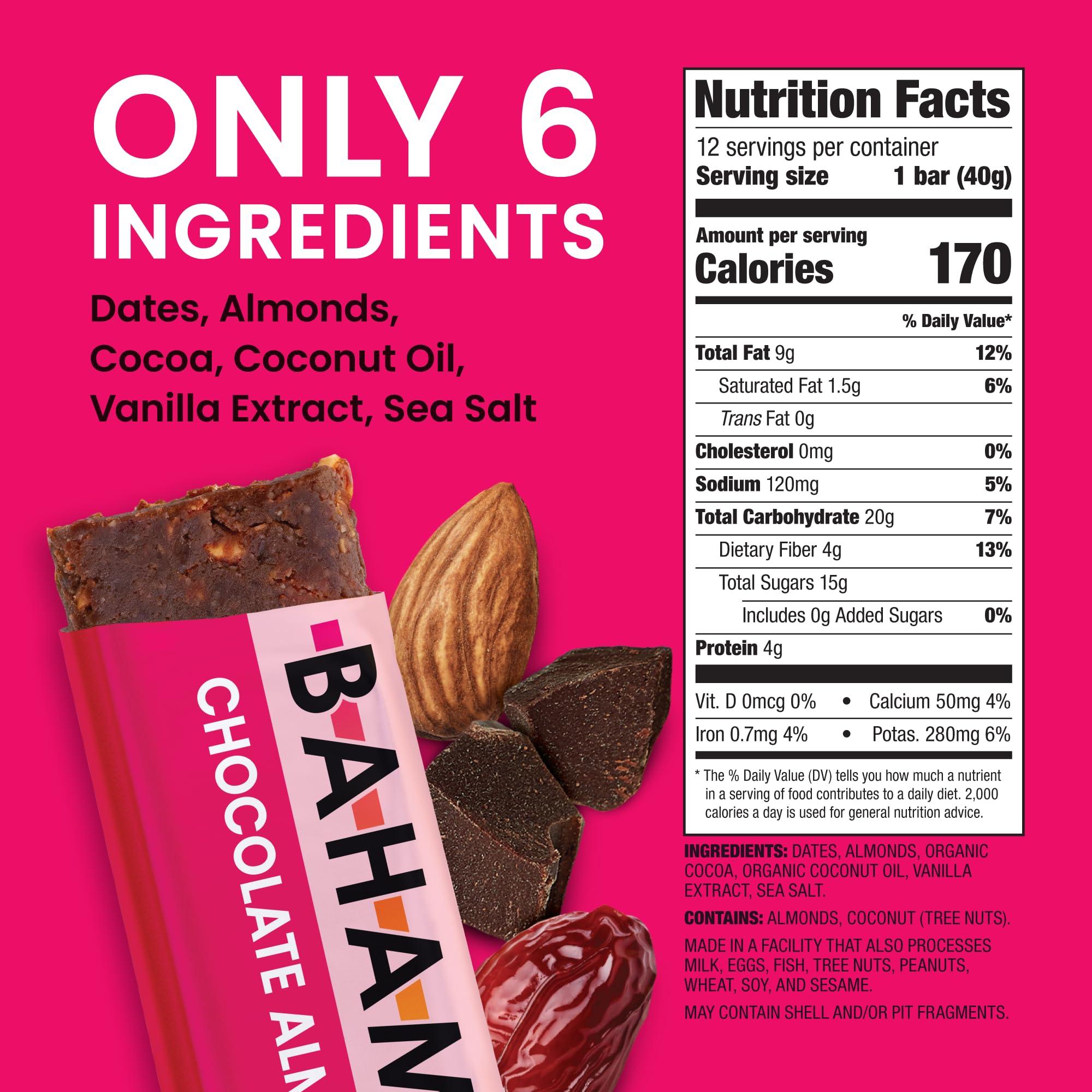 Bahamii Bahamii Nuts & Date Bars, Organic Healthy Snacks | 6-Pack | Gluten Free & 0g Added Sugar Low Calorie Snacks, No Preservatives, Plant Based, Kosher, Diabetic Snacks (12 Pack, Chocolate Almond (12 Pack))