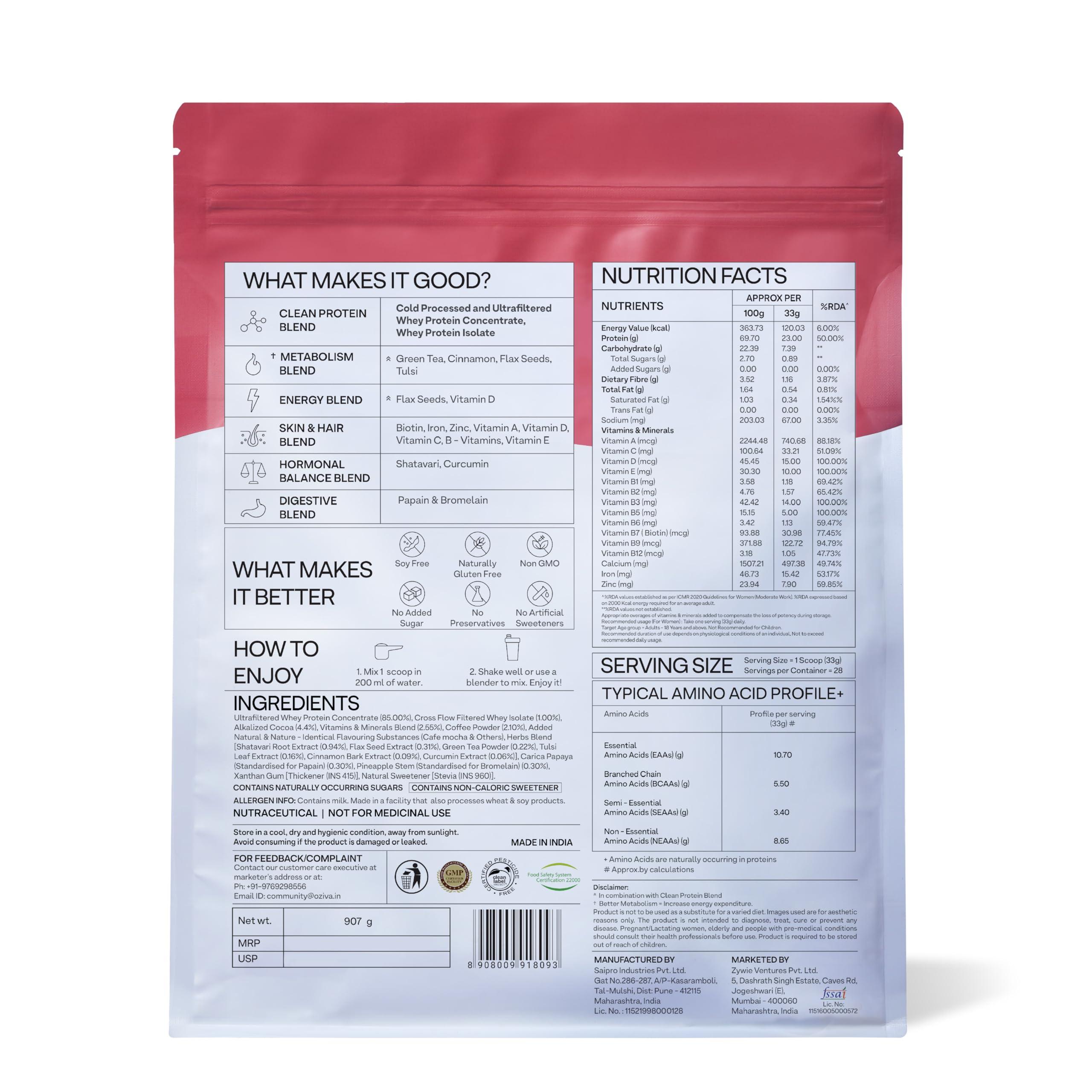 OZIVA Oziva Protein & Herbs Whey Protein with Ayurvedic Herbs for Women, Cafe Mocha, 31 Servings, 0g Added Sugar