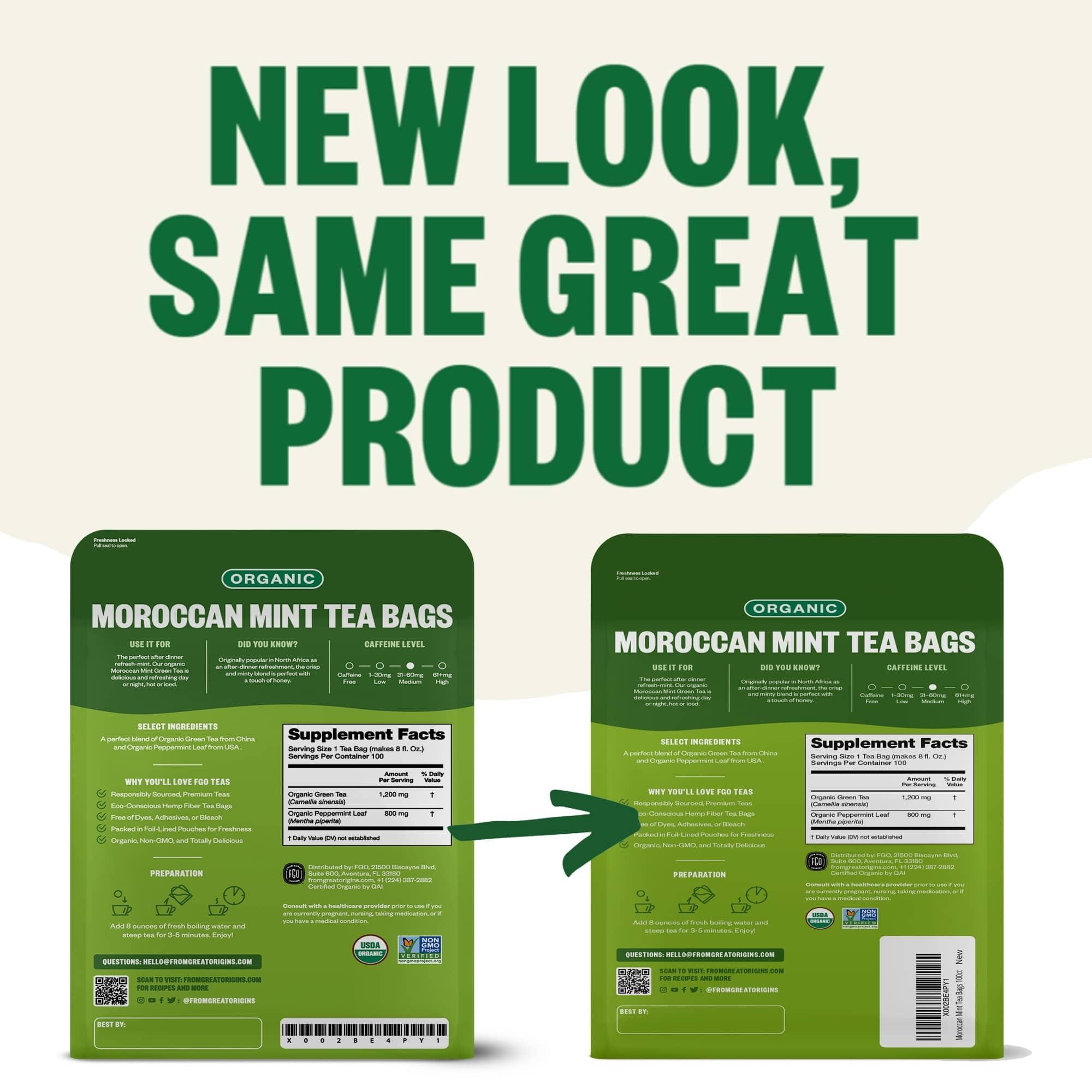 FGO FGO Organic Moroccan Mint Green Tea, 100 Count, Eco-Conscious Tea Bags, Resealable Bag, Packaging May Vary (Pack of 1)