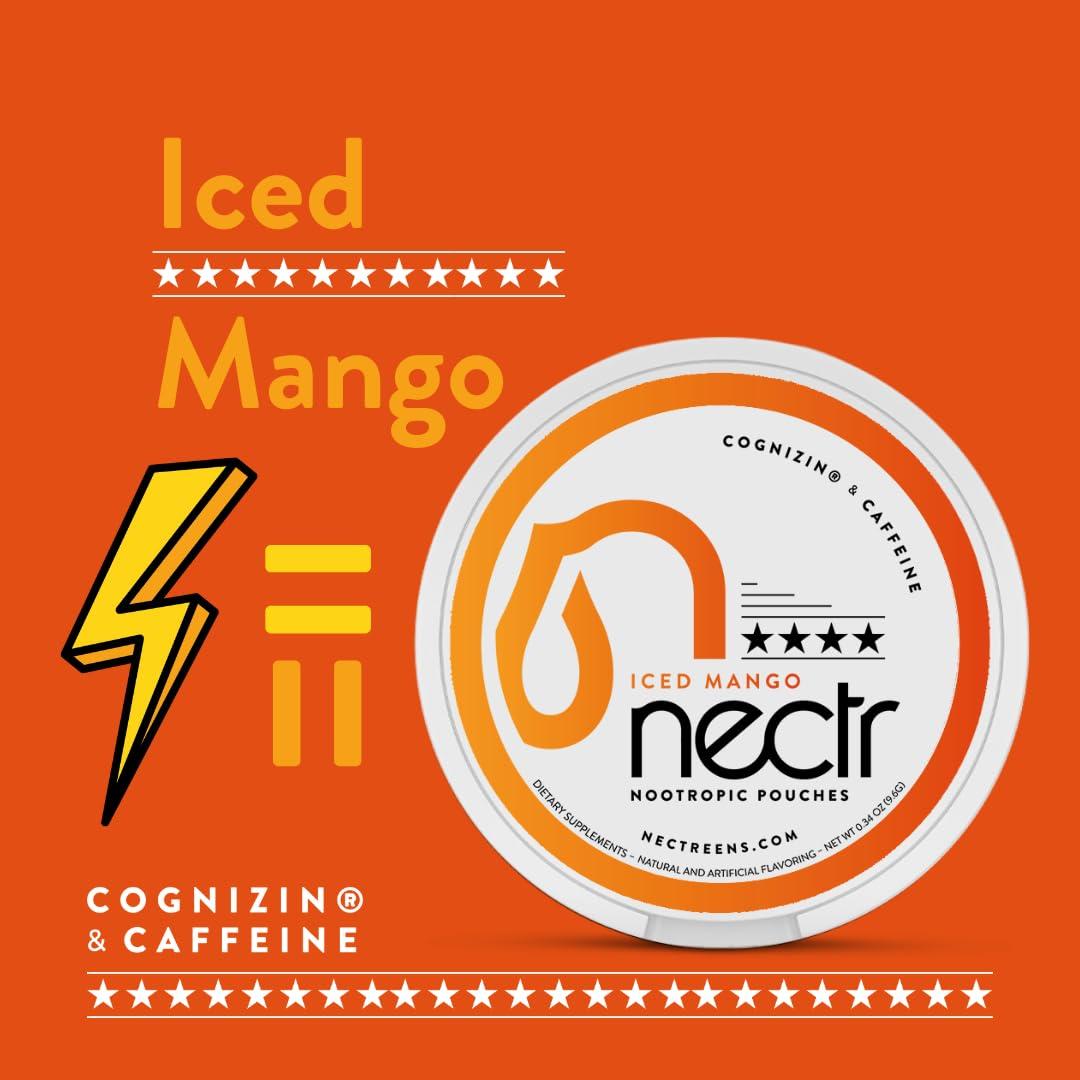 Nectr Nectr Nootropic Energy Pouches, Focus & Energy, Iced Mango, Cognizin 62.5 mg, Caffeine 30 mg, 16 Pouches, Neuro Support, Sugar Free, 5 Pack of Cans