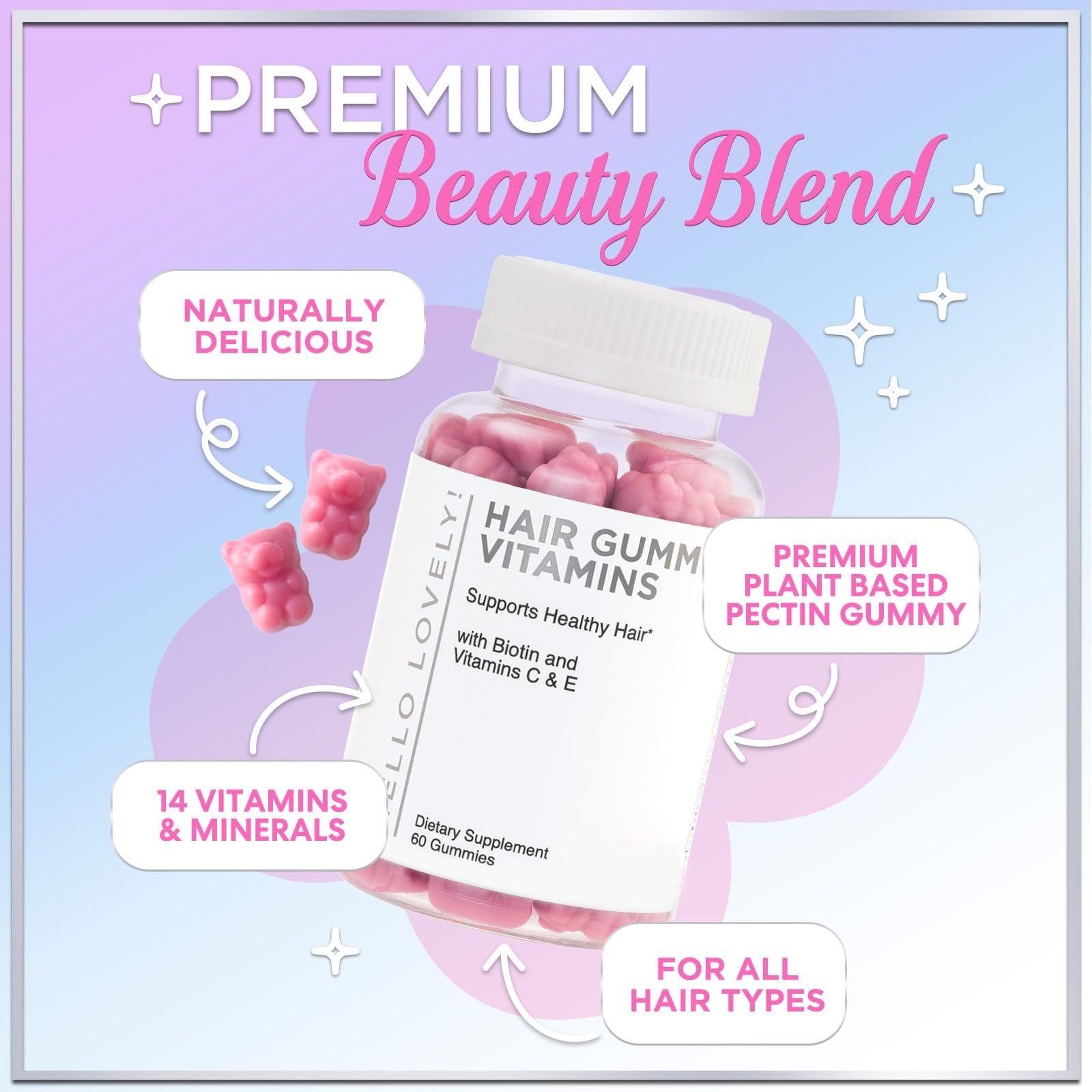 Hello Lovely! Hello Lovely! Hair Vitamins Gummy with Biotin 5000 mcg Vitamin E & C Support Hair Growth, Premium Vegetarian Non-GMO, for Stronger Beautiful Hair, Skin & Nails Supplement - 60 Bear Gummies