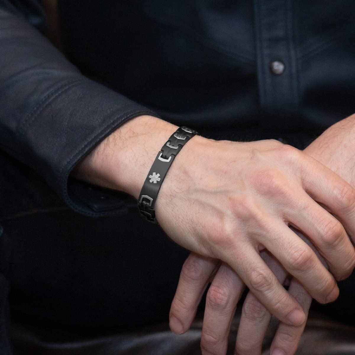 Lauren\'s Hope Lauren\'s Hope Durable Steel Medical Alert ID Bracelet for Men and Women, Custom Engraved, Diabetes, Pacemaker, Heart Disease, Medical ID (7 inches, Black and Silver)