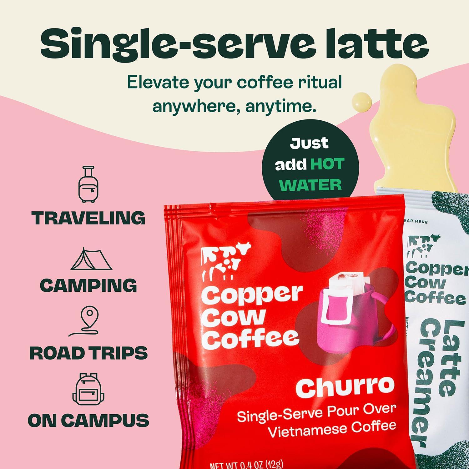 Copper Cow Coffee Copper Cow Premium Pour Over Single-Serve Vietnamese Coffee | Churro Lattes | Flavored with Real Cinnamon | Includes 8 Coffees & 8 Milk Creamers