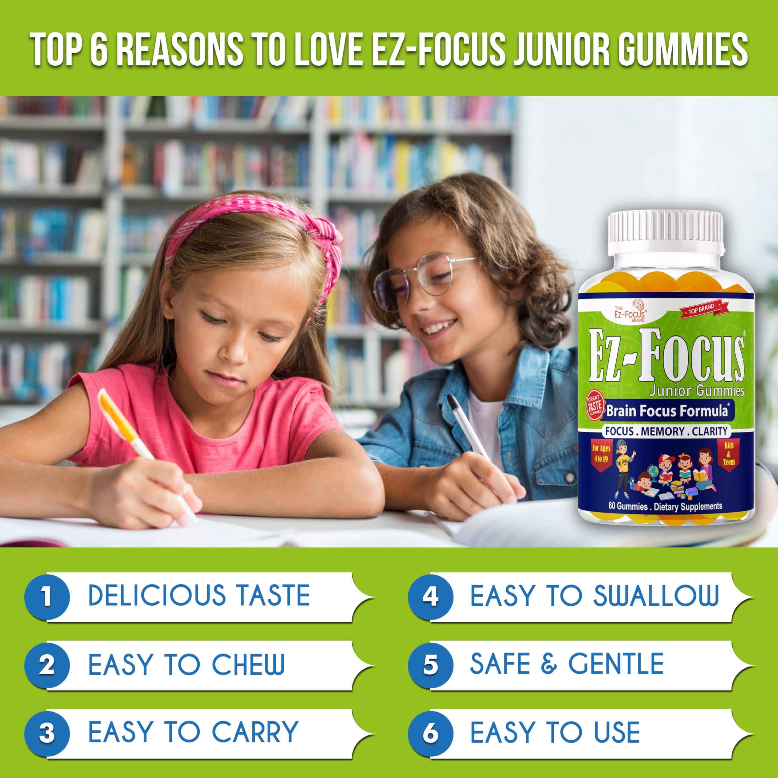 Ez-Focus Ez-Focus Junior Brain Vitamins & Memory Supplements for Kids & Teens, Focus Supplements, Support Memory, Attention, Focus & Clarity, Tasty 60 Chewable Gummies