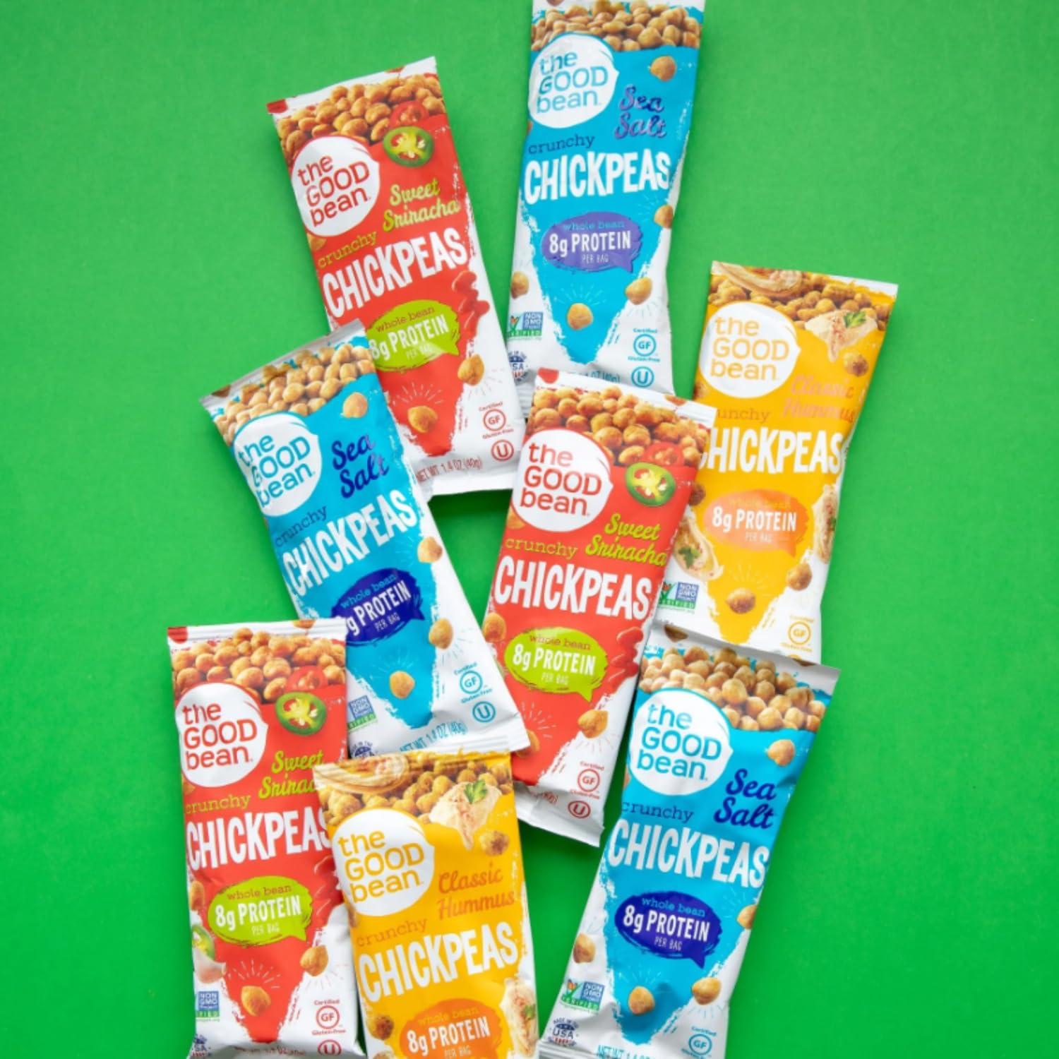 The Good Bean The Good Bean Crunchy Chickpeas - Variety Pack - (10 Pack) 1.4 oz Packet - Sweet Sriracha, Sea Salt, and Classic Hummus Roasted Chickpea Beans - Vegan Snack with Good Source of Plant Protein and Fiber