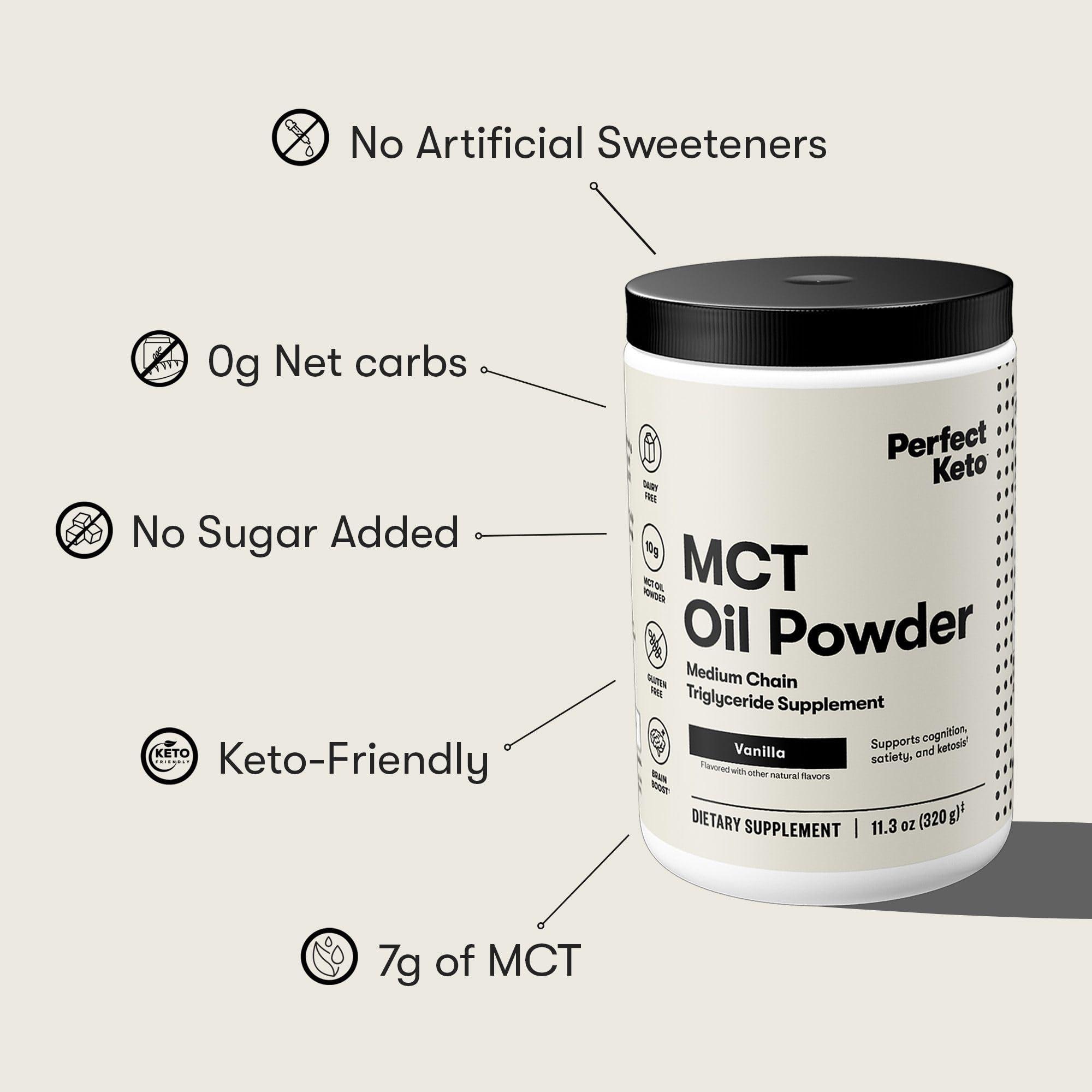Perfect Keto Perfect Keto 7g MCT Oil Powder, Medium Chain Triglycerides Supplement, Non Dairy Coffee Creamer for Keto Diet, Ketogenic MCT Oil Mix for Coffee, Smoothie, Protein Shakes and Tea, Vanilla, 30 Servings