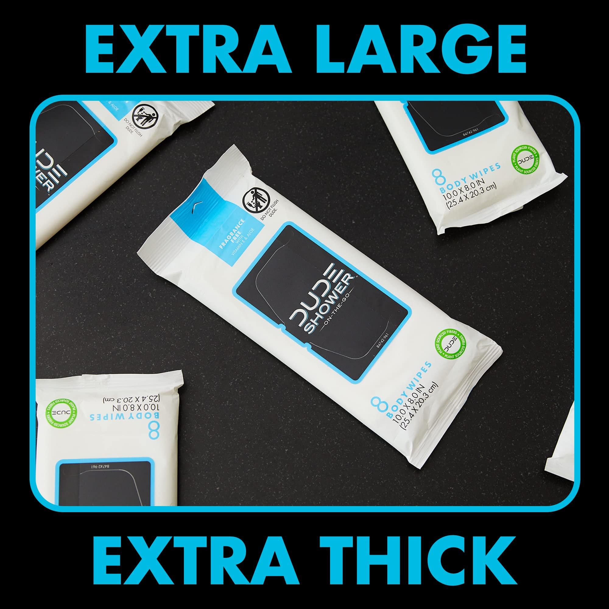 Dude DUDE Wipes On-The-Go Shower Wipes - 1 Pack, 8 Wipes - Unscented Extra-Large Wipes with Vitamin E & Aloe - Full Body Shower Replacement Wipes