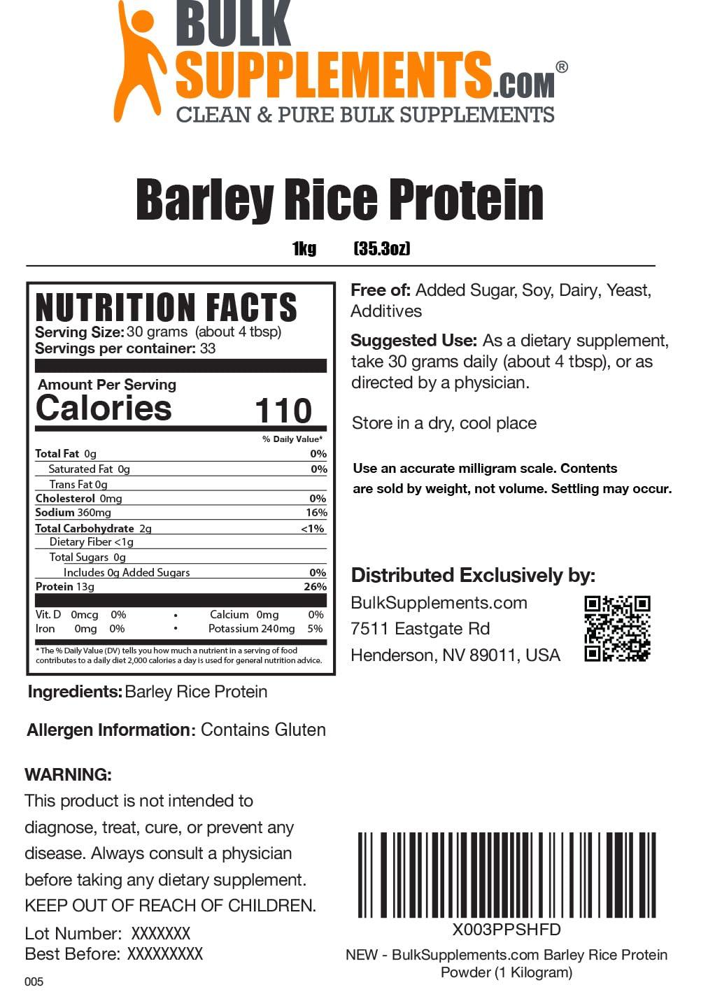 BULKSUPPLEMENTS.COM BulkSupplements.com Barley Rice Protein Powder - Vegan Protein Powder, Unflavored Protein Powder - Dairy Free Protein Source, 30g per Serving, 1kg (2.2 lbs) (Pack of 1)